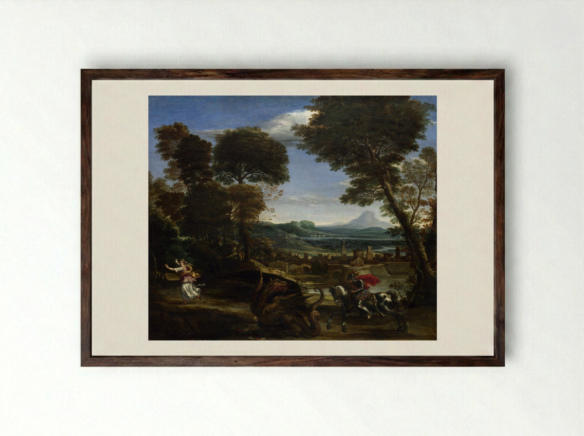 Saint George and the Dragon - Domenichino - Framed Print Dark Wood