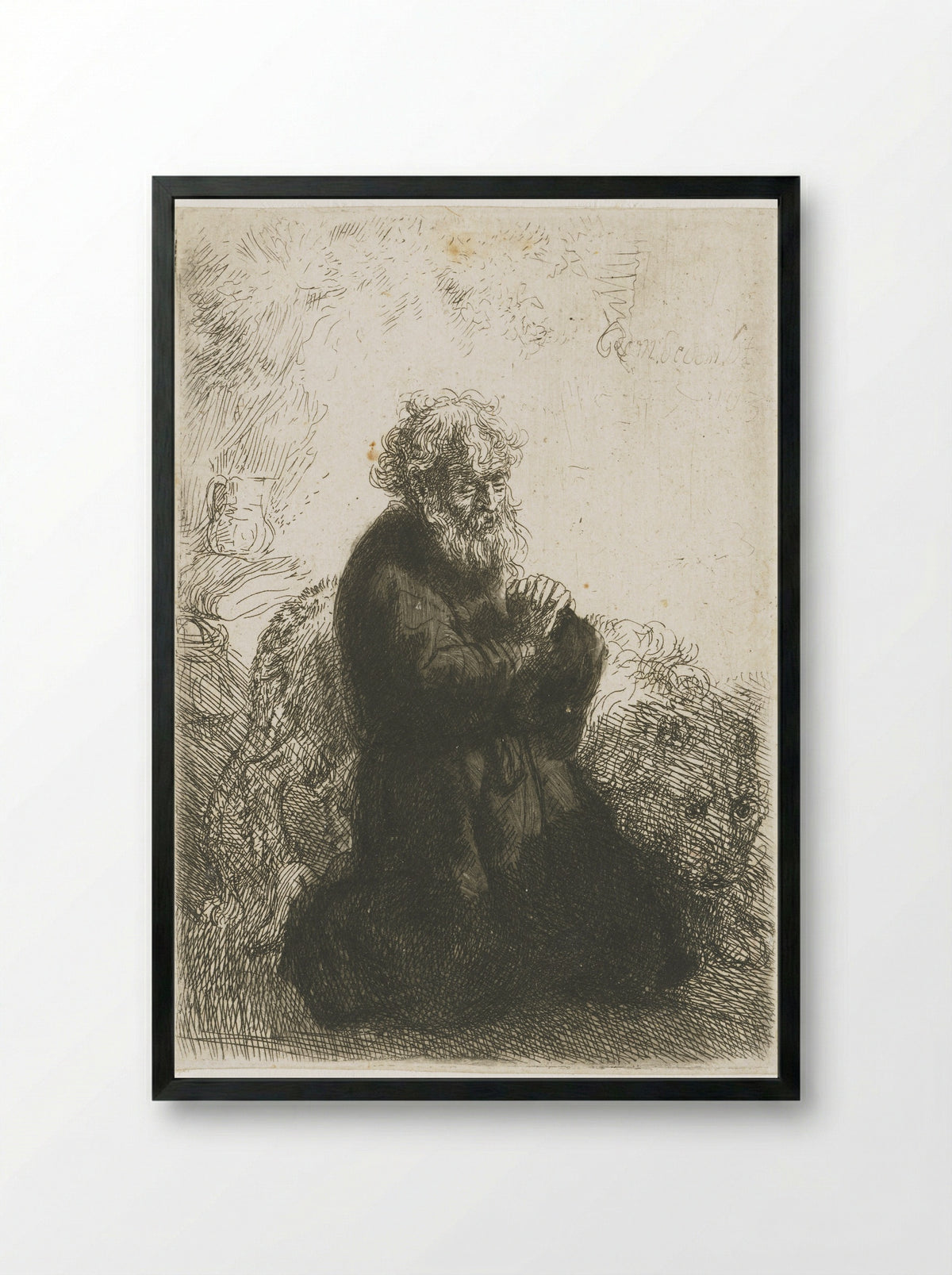 Saint Jerome Kneeling in Prayer, Looking Down - Rembrandt van Rijn - Framed Print Black