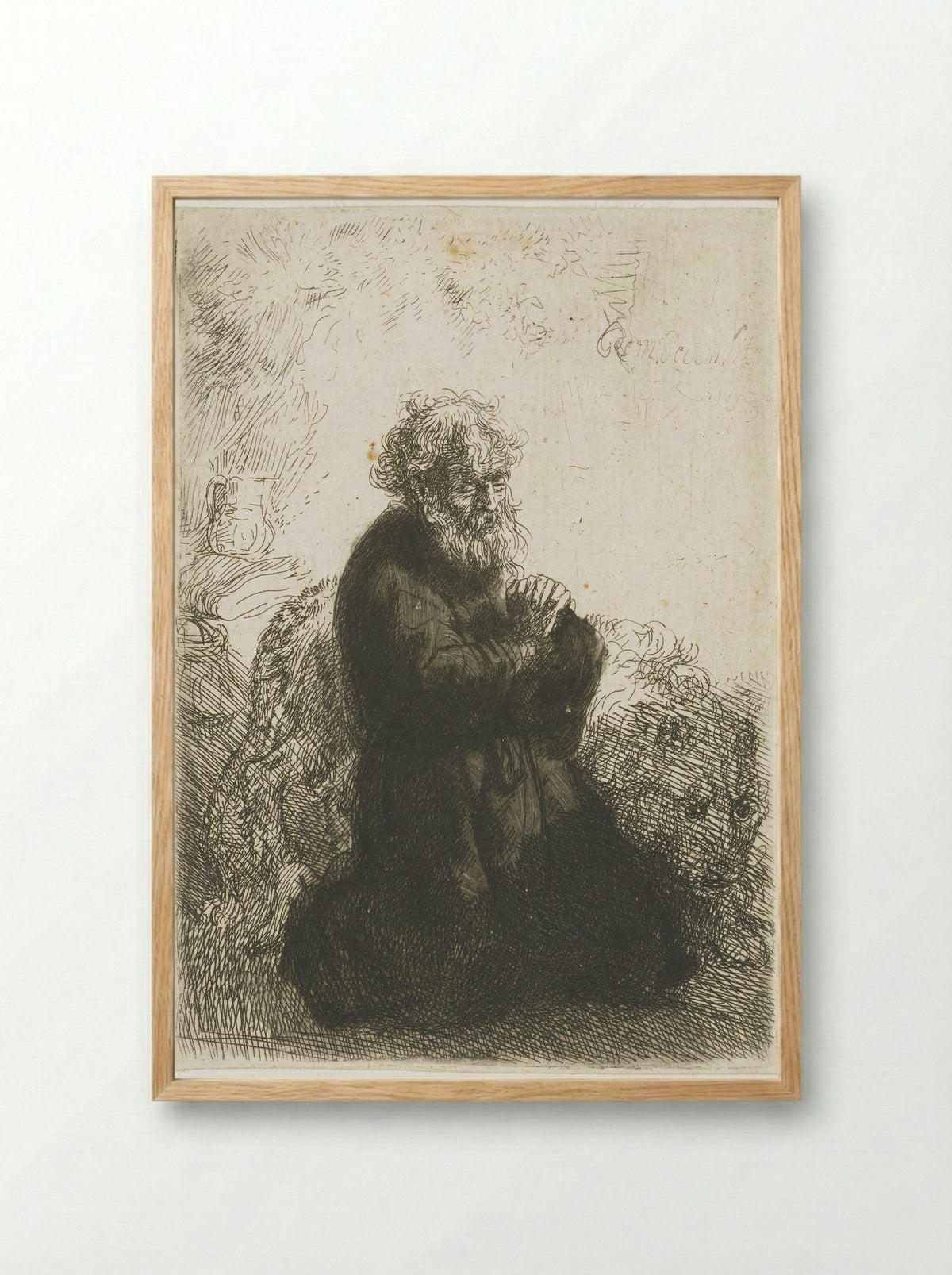 Saint Jerome Kneeling in Prayer, Looking Down - Rembrandt van Rijn - Framed Print Wood