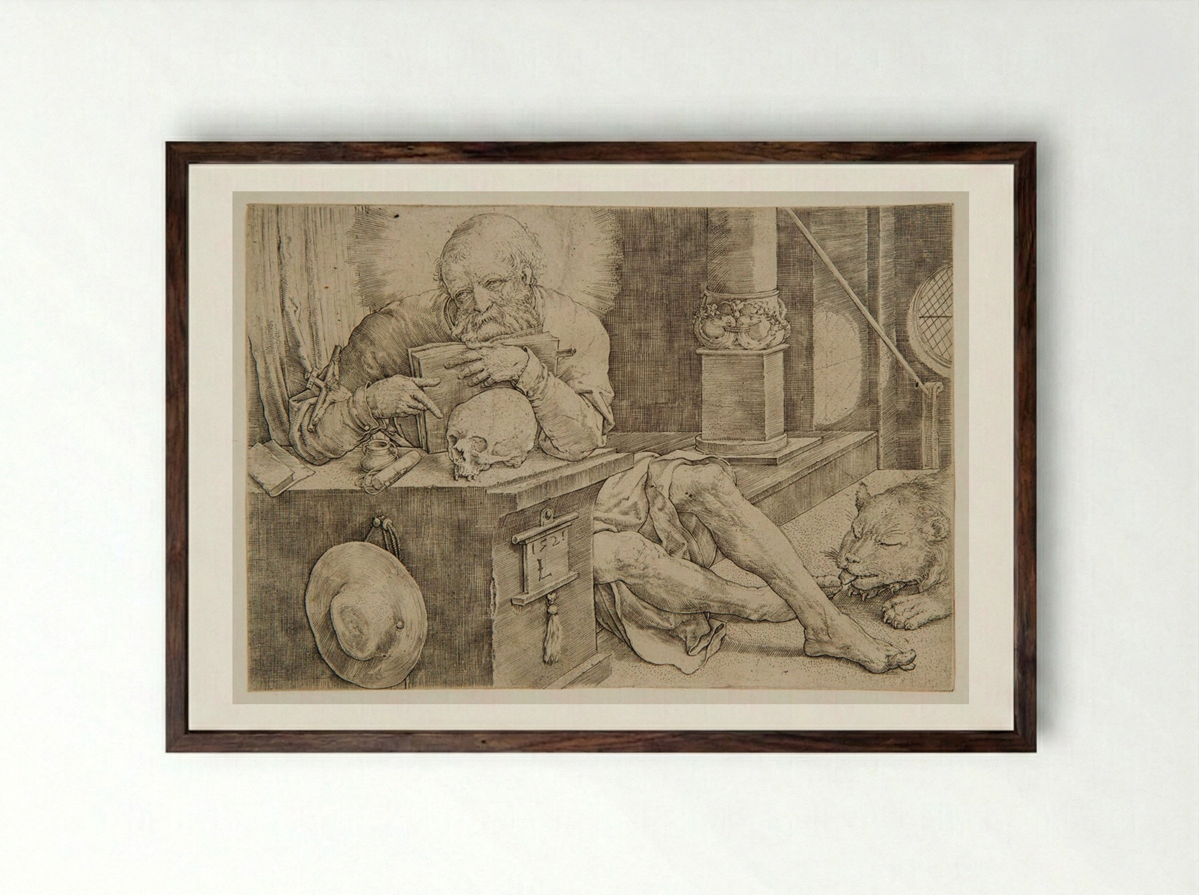 Saint Jerome in His Chamber - Lucas van Leyden - Framed Print Dark Wood