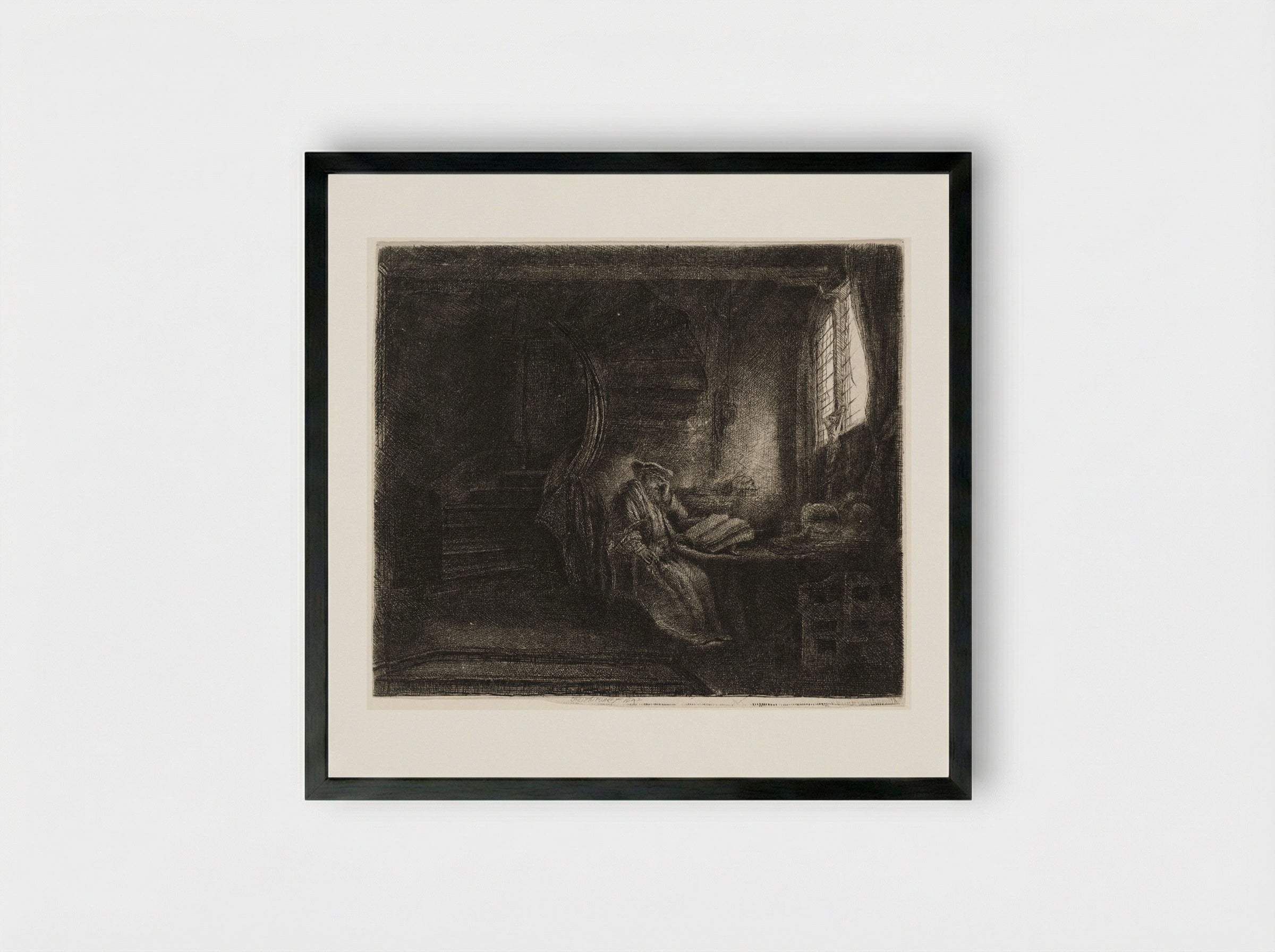 Saint Jerome in a Dark Chamber - Rembrandt Harmensz. van Rijn - Framed Print Black