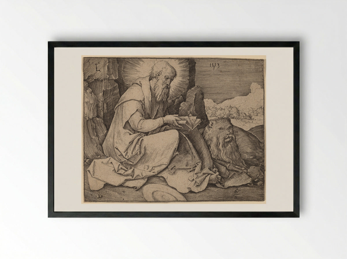 Saint Jerome in a Landscape - Lucas van Leyden - Framed Print Black