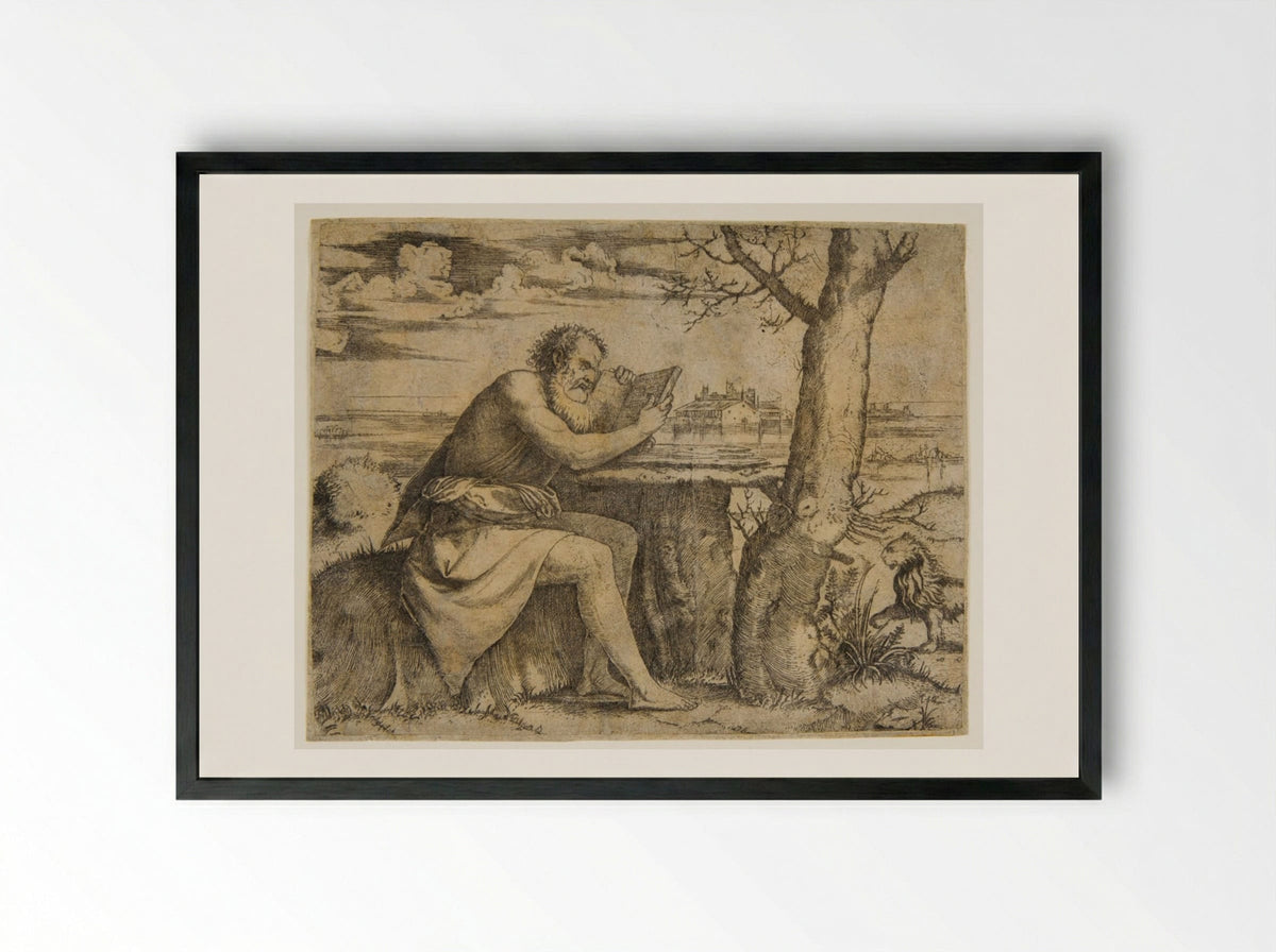 Saint Jerome in the Desert - Marcantonio Raimondi - Framed Print Black