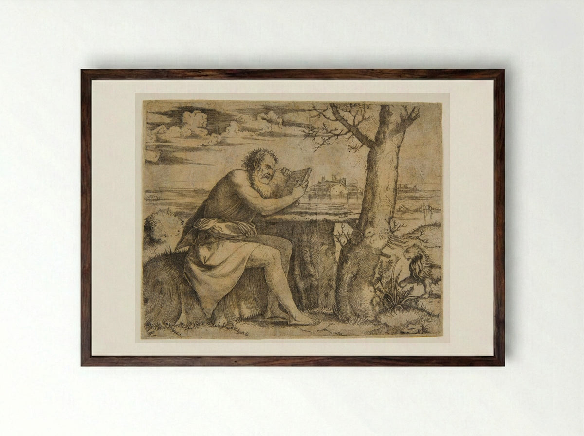 Saint Jerome in the Desert - Marcantonio Raimondi - Framed Print Dark Wood