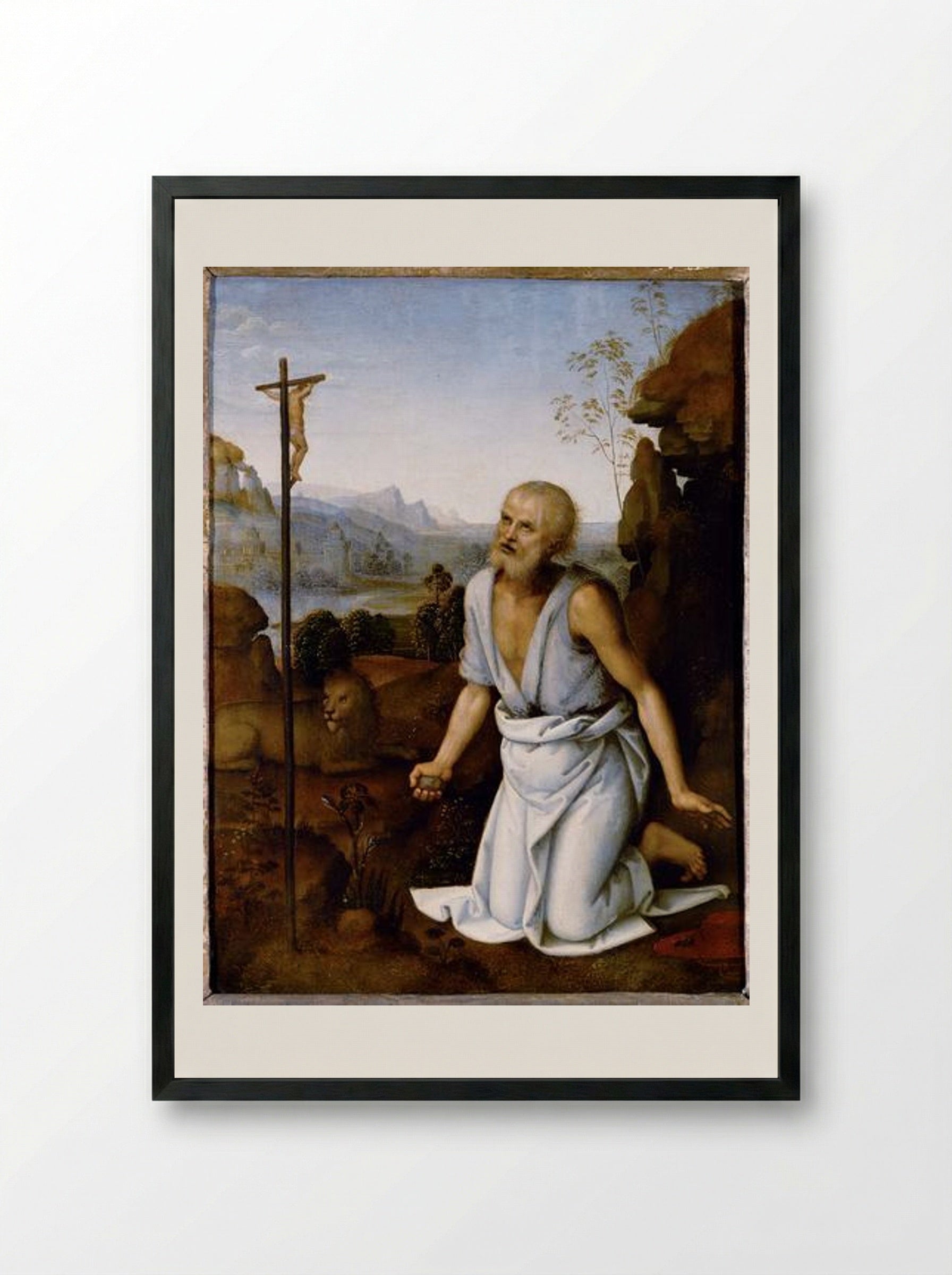 Saint Jerome in the Wilderness - Pietro Perugino - Framed Print Black
