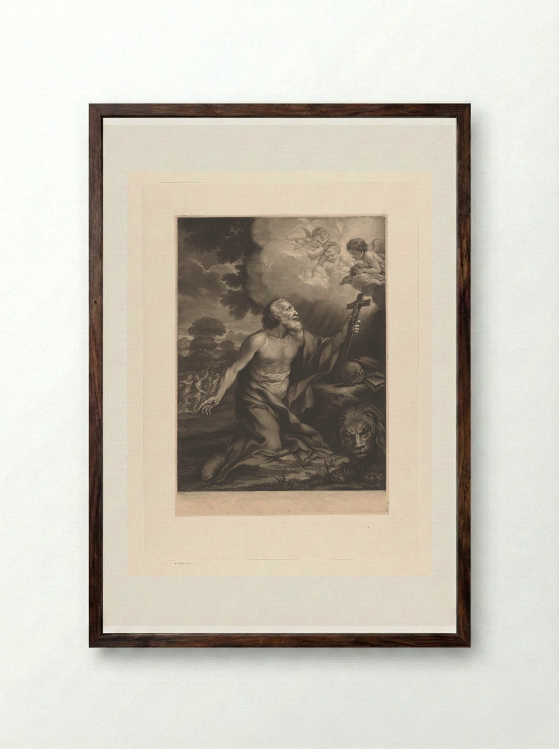 Saint Jerome with Crucifix, Book and Skull - James McArdell - Framed Print Dark Wood