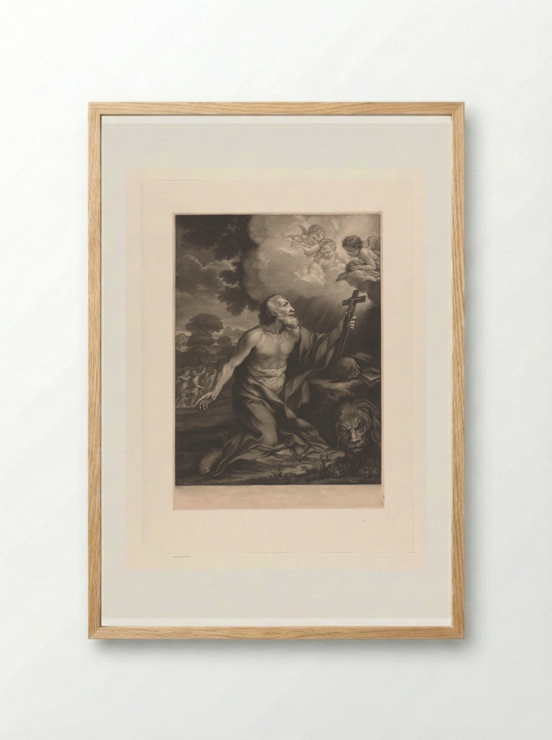 Saint Jerome with Crucifix, Book and Skull - James McArdell - Framed Print Wood
