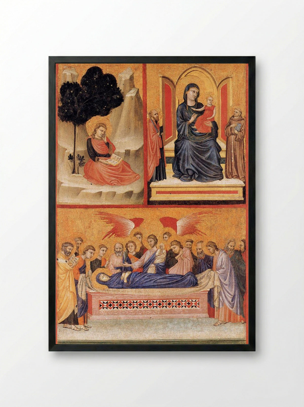 Saint John on Patmos, Madonna and Child Enthroned, and Death of the Virgin - Pacino di Bonaguida - Framed Print Black