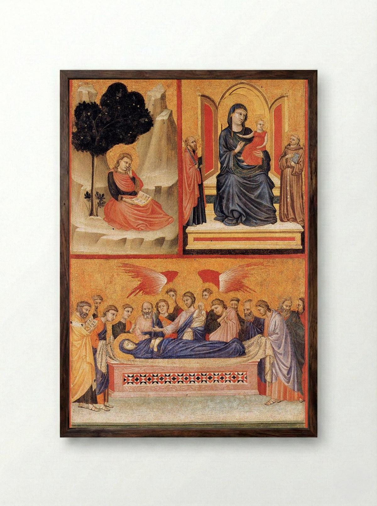 Saint John on Patmos, Madonna and Child Enthroned, and Death of the Virgin - Pacino di Bonaguida - Framed Print Dark Wood