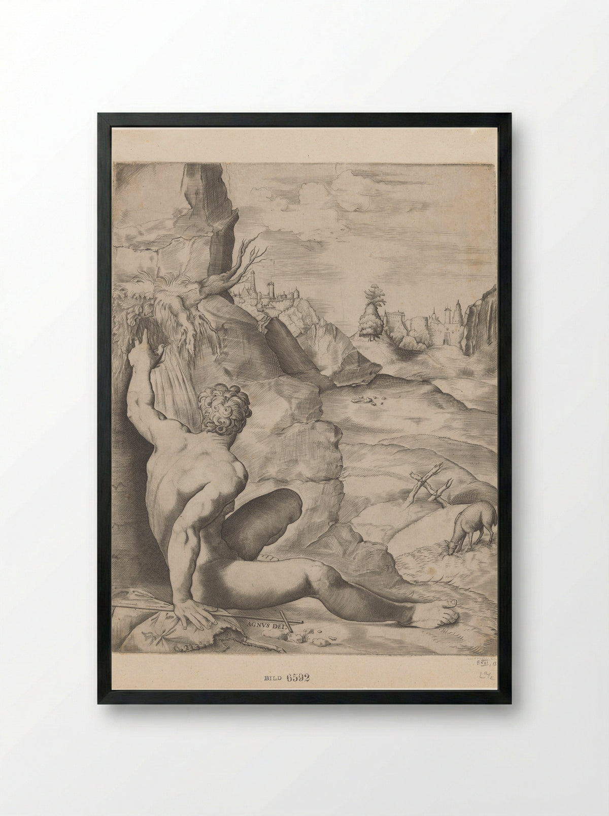 Saint John the Baptist in the Wilderness - Giulio Sanuto - Framed Print Black