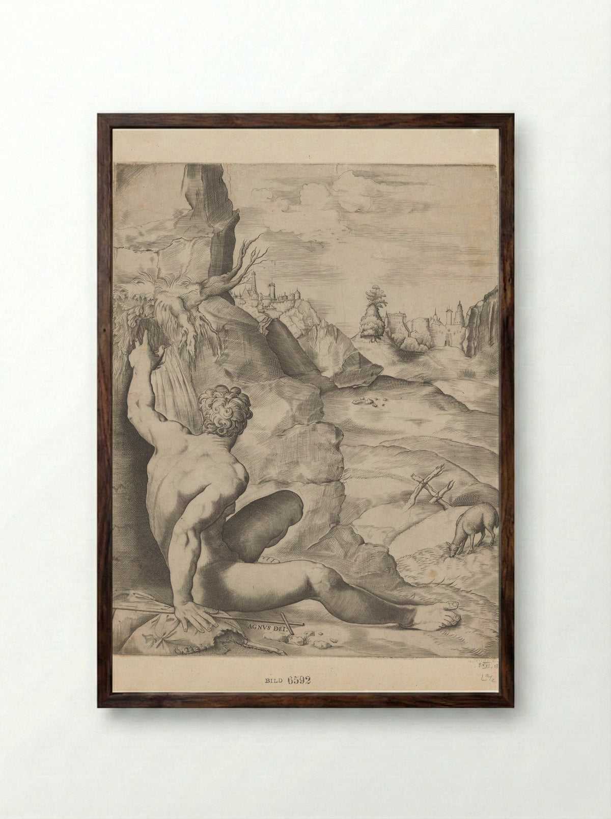 Saint John the Baptist in the Wilderness - Giulio Sanuto - Framed Print Dark Wood