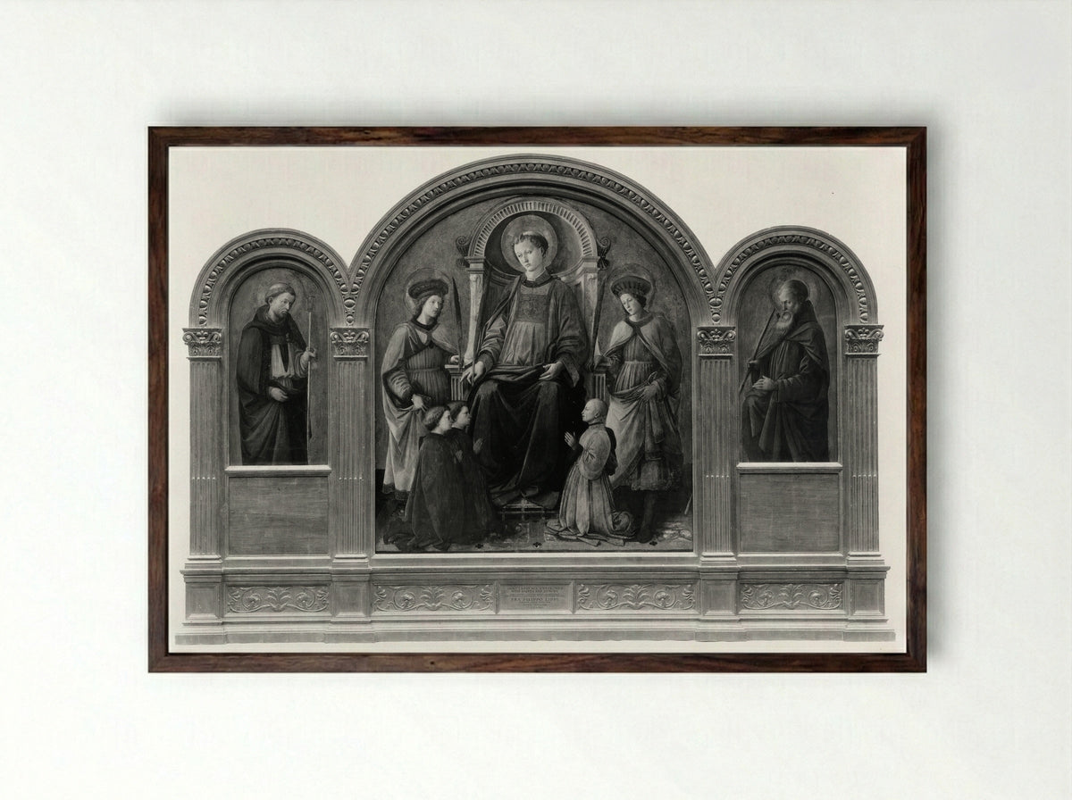 Saint Lawrence Enthroned with Saints and Donors - Fra Filippo Lippi - Framed Print Dark Wood