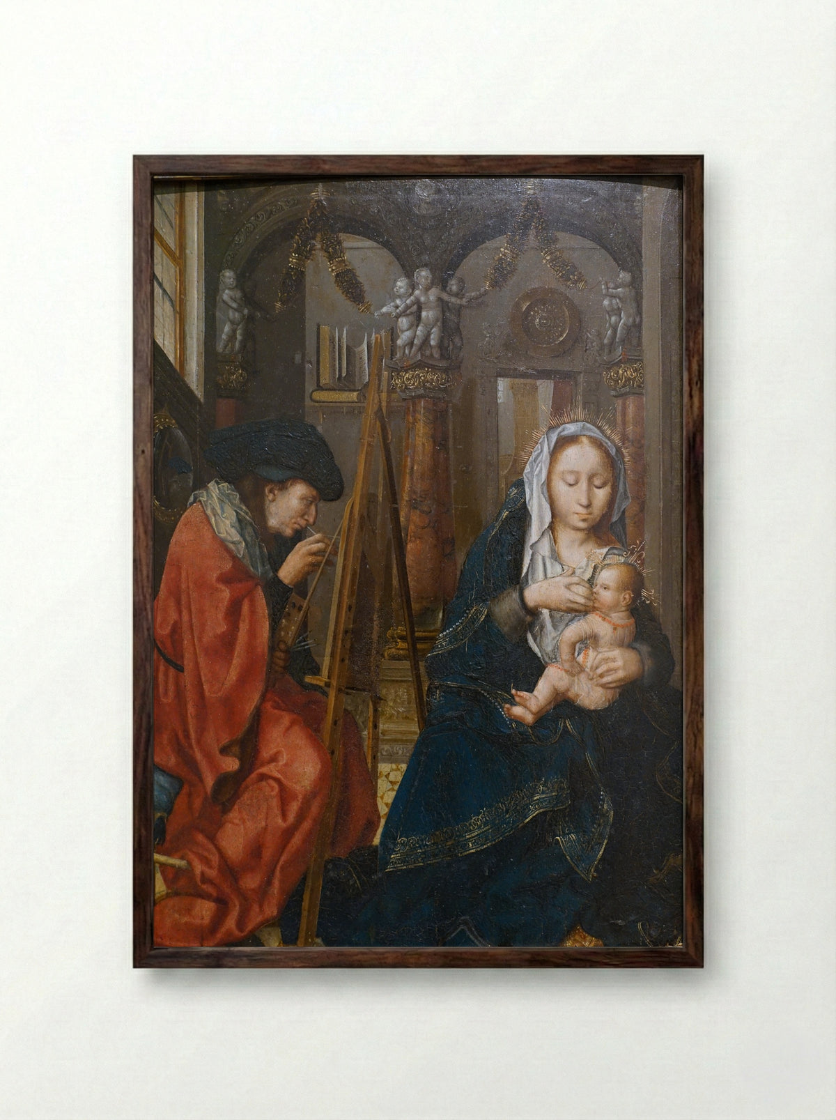 Saint Luke Painting the Virgin and Child - Master of the Holy Blood - Framed Print Dark Wood