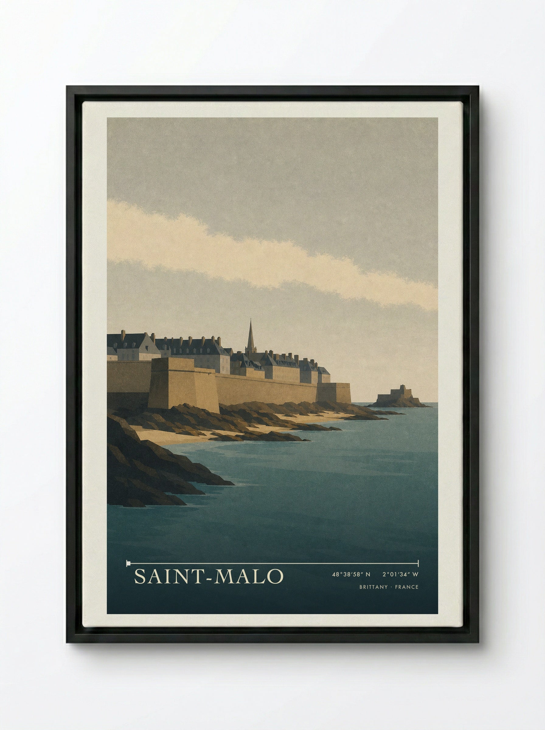 Saint-Malo Travel Poster Artwork - Framed Canvas Black
