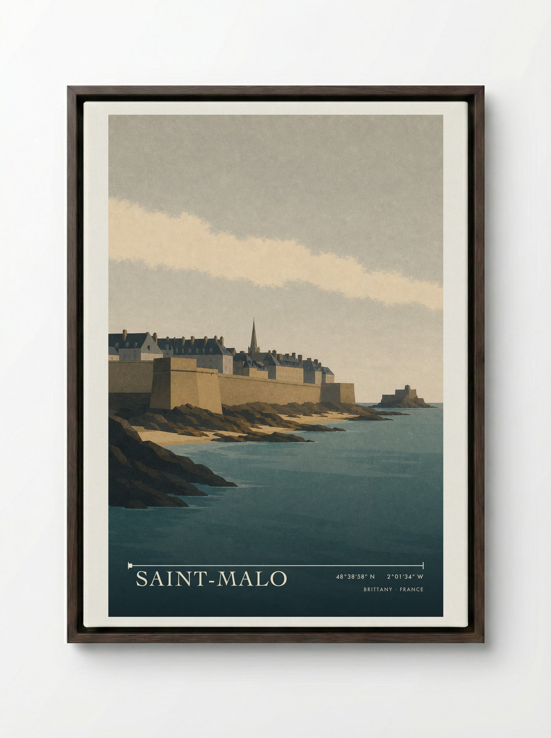 Saint-Malo Travel Poster Artwork - Framed Canvas Dark Wood
