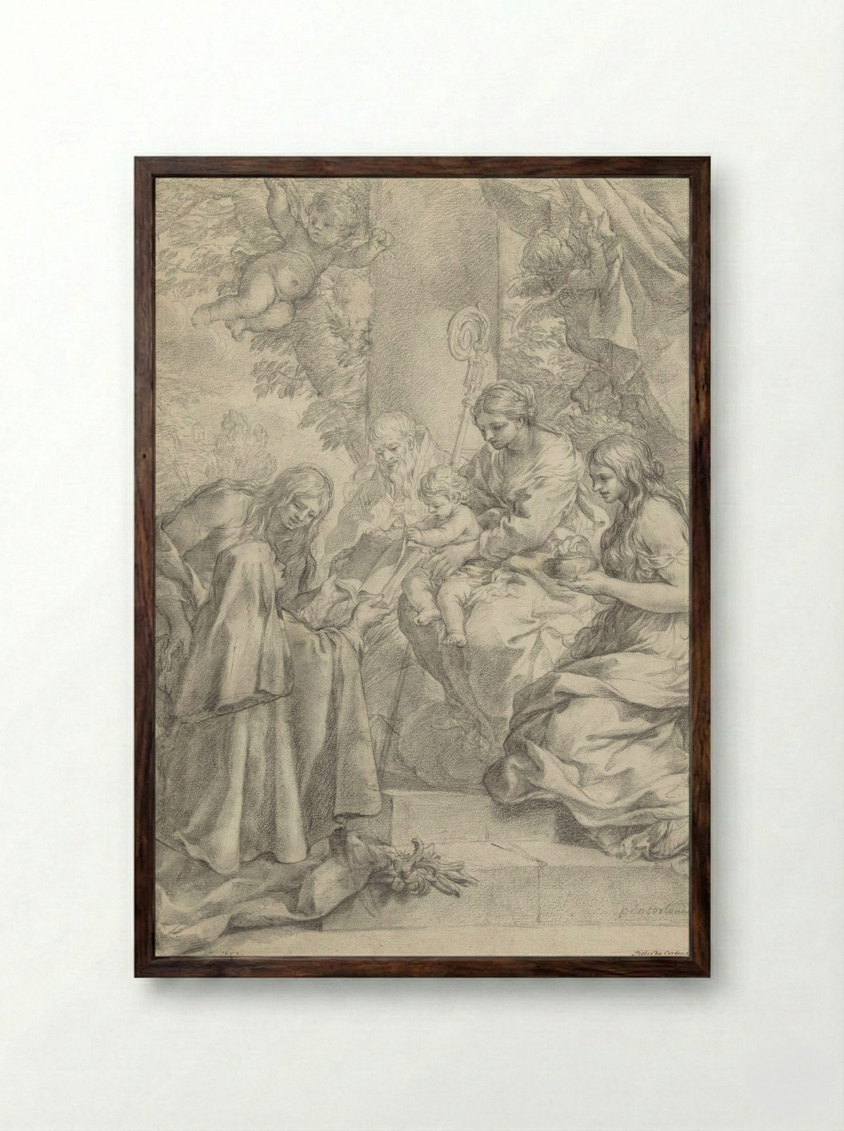 Saint Margaret of Cortona Offering a Book to the Christ Child - Pietro da Cortona - Framed Print Dark Wood