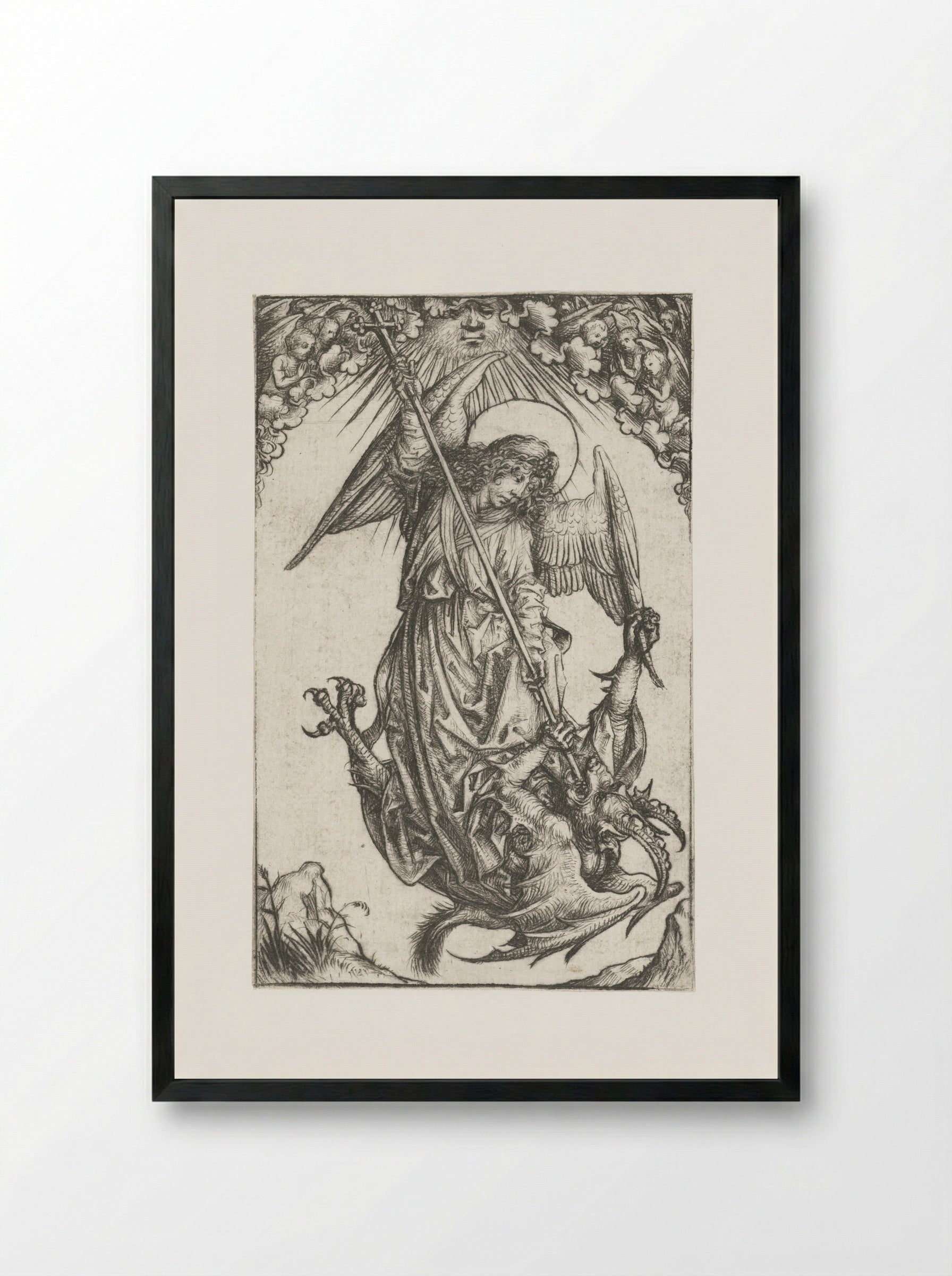 Saint Michael Fighting the Dragon - Master of the Amsterdam Cabinet - Framed Print Black