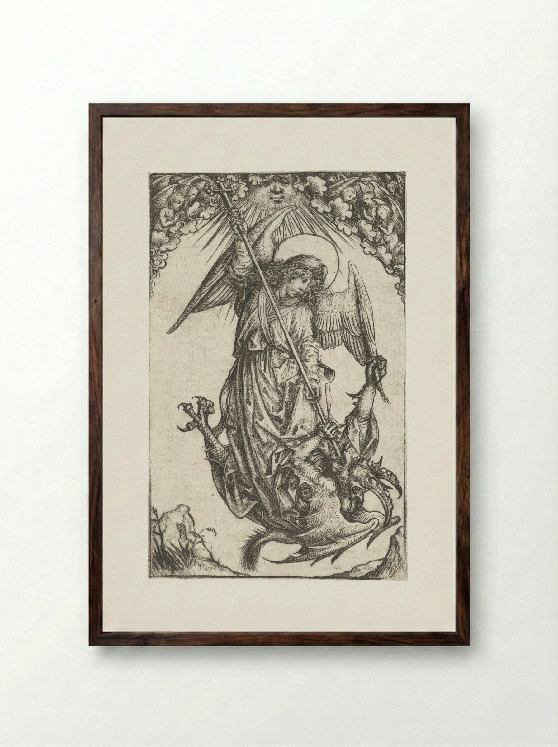 Saint Michael Fighting the Dragon - Master of the Amsterdam Cabinet - Framed Print Dark Wood