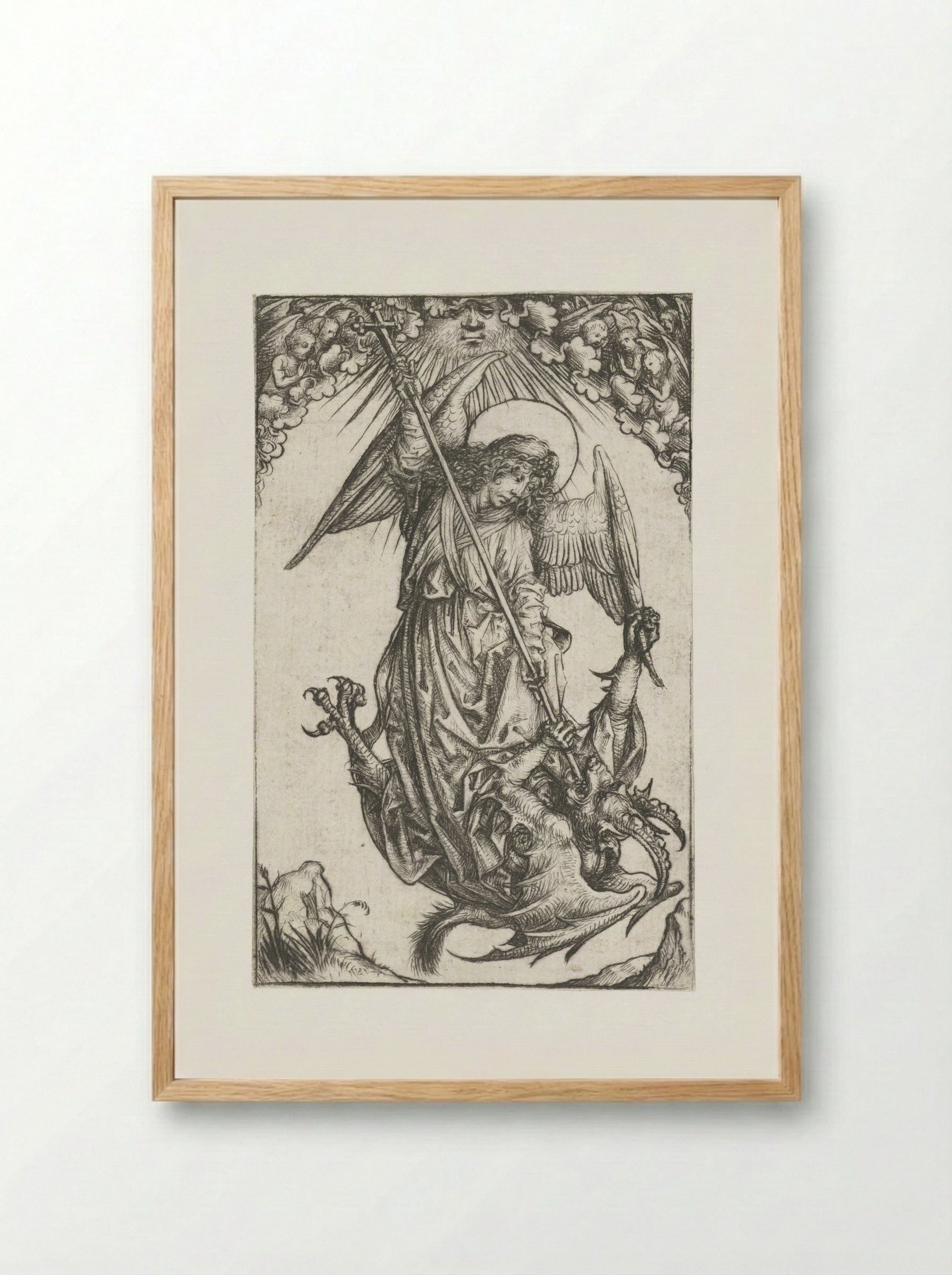 Saint Michael Fighting the Dragon - Master of the Amsterdam Cabinet - Framed Print Wood