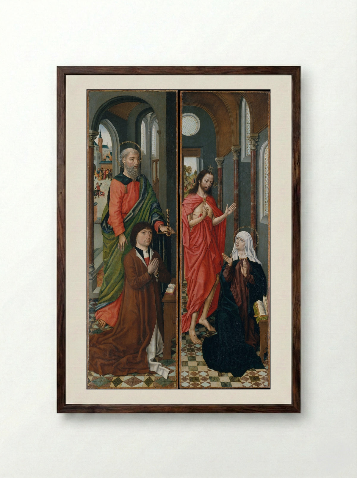 Saint Paul with a Donor; Christ Appearing to His Mother - Master of the Saint Ursula Legend - Framed Print Dark Wood