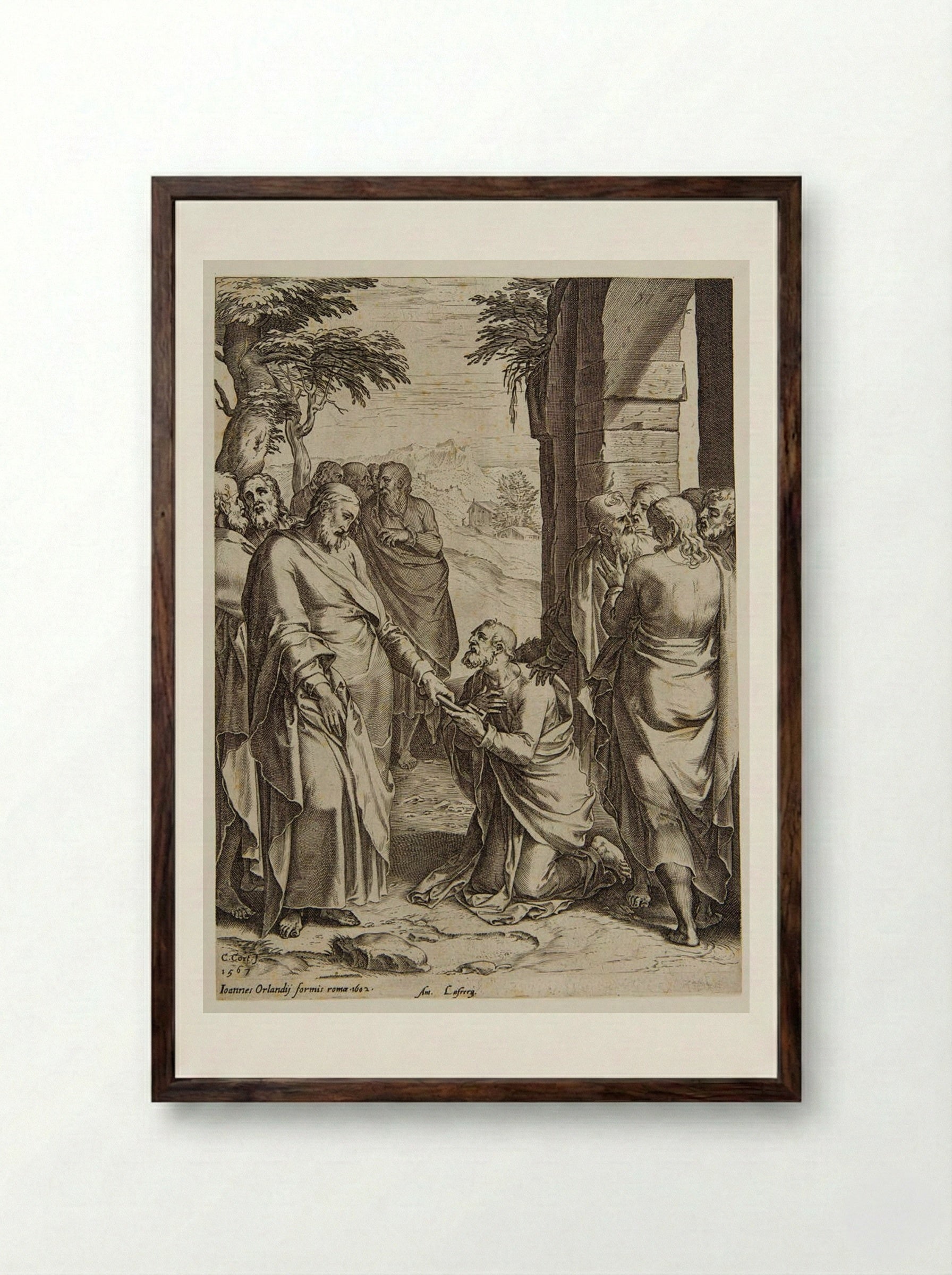 Saint Peter Receiving the Keys - Cornelis Cort - Framed Print Dark Wood