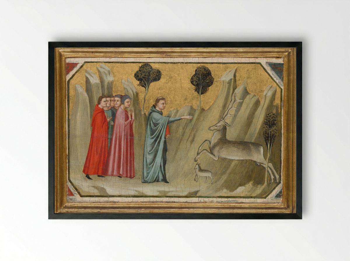 Saint Proculus on a Journey Stops a Doe in the Wilderness - Pacino di Bonaguida - Framed Print Black