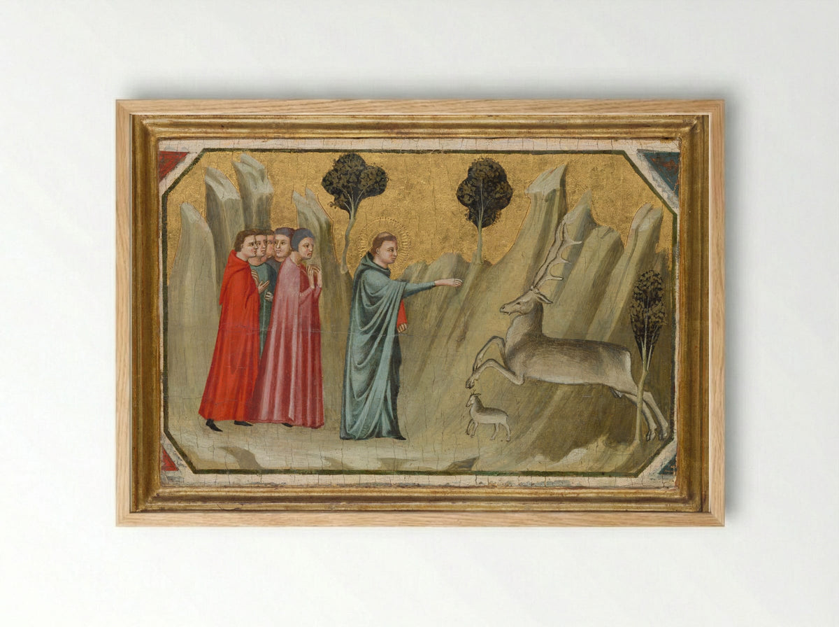 Saint Proculus on a Journey Stops a Doe in the Wilderness - Pacino di Bonaguida - Framed Print Wood