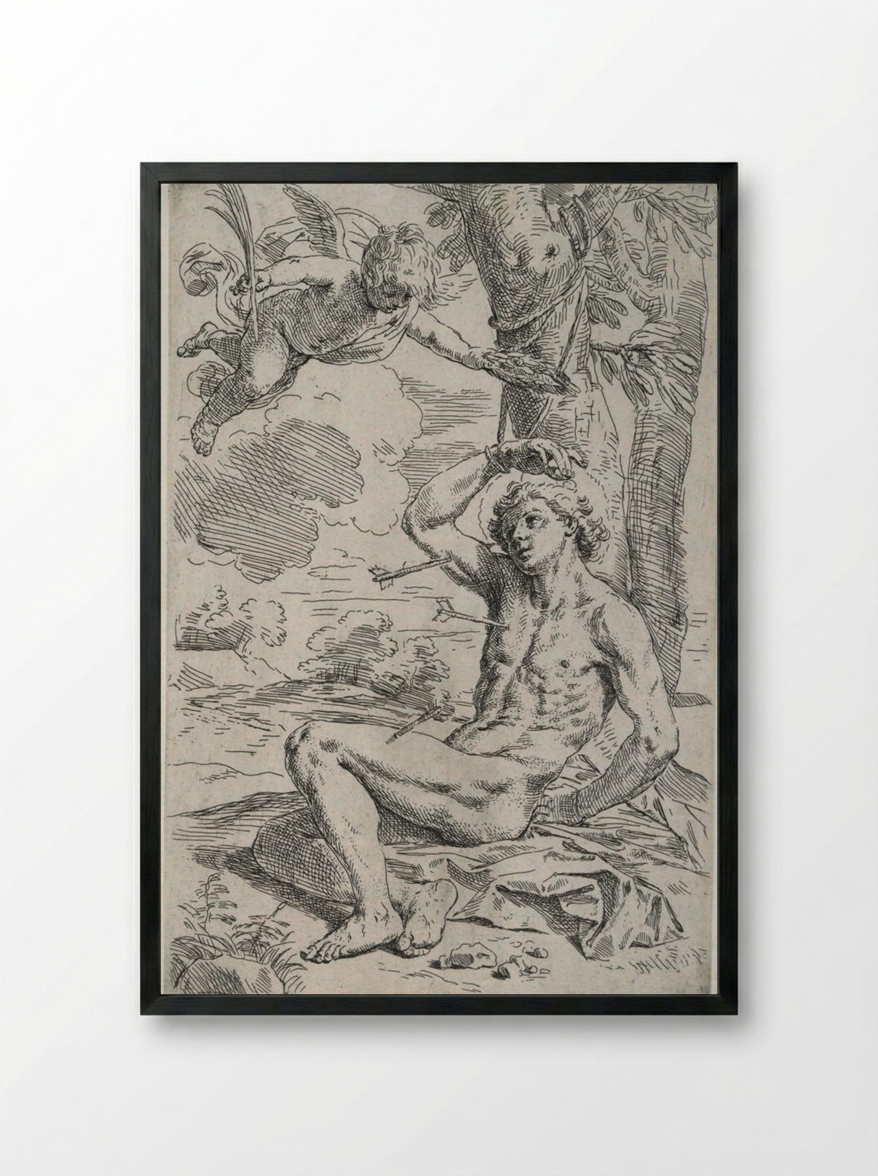 Saint Sebastian, pierced by arrows and tied to a tree, greeted by a cherub - Simone Cantarini - Framed Print Black