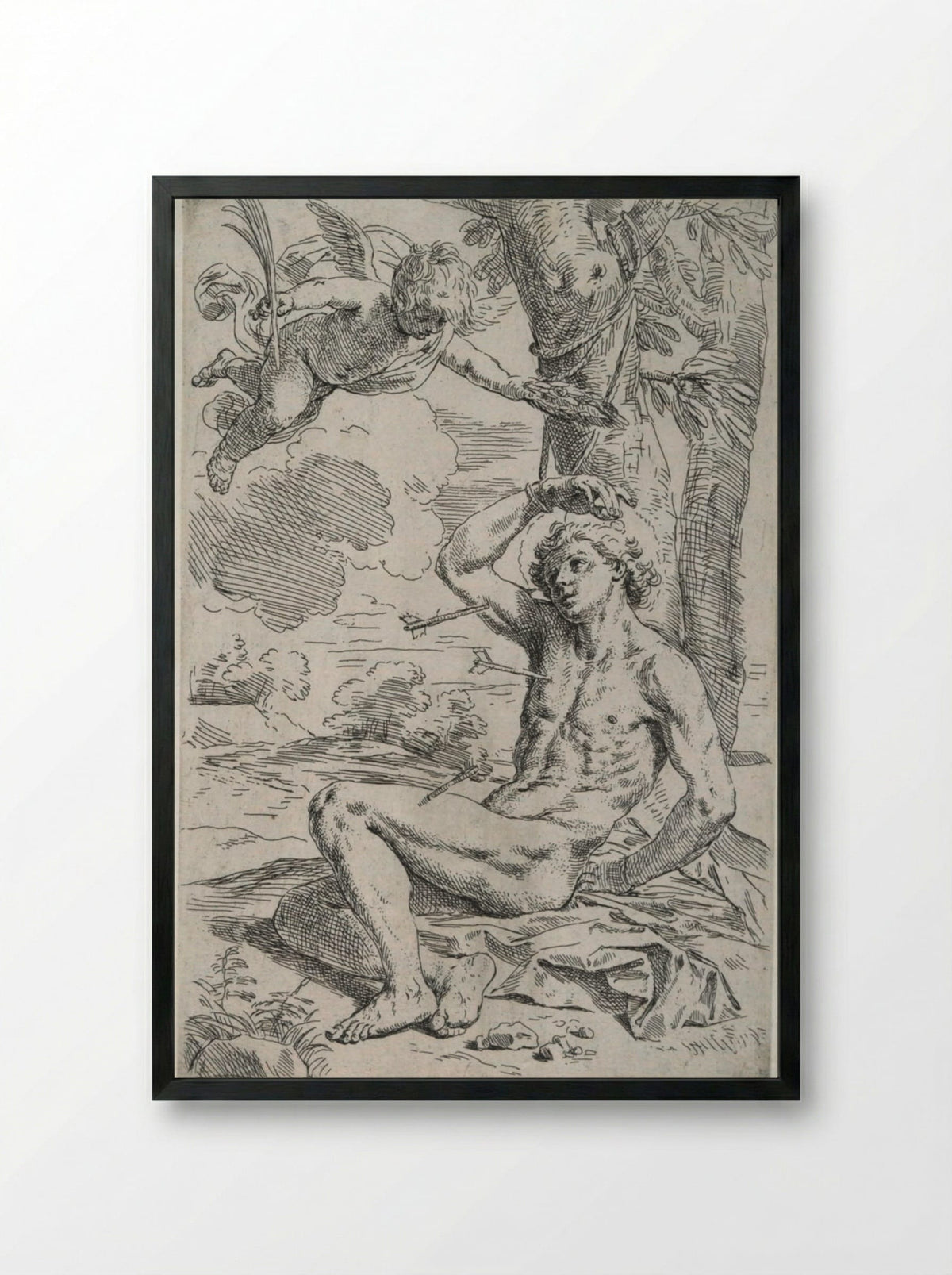Saint Sebastian, pierced by arrows and tied to a tree, greeted by a cherub - Simone Cantarini - Framed Print Black