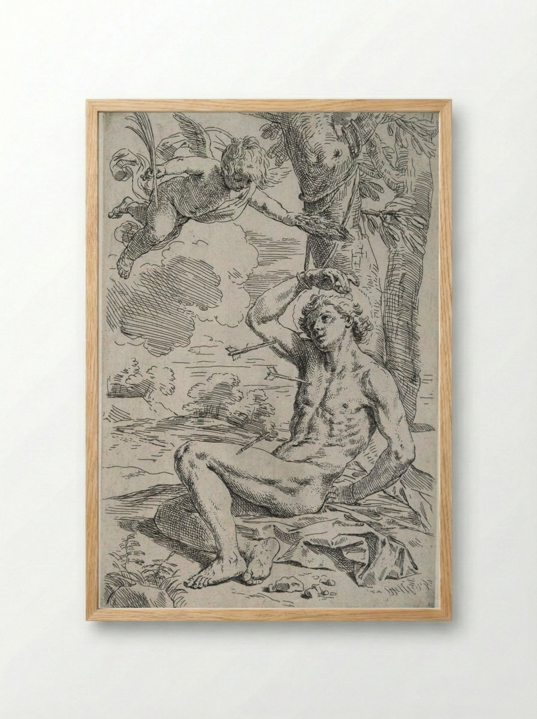 Saint Sebastian, pierced by arrows and tied to a tree, greeted by a cherub - Simone Cantarini - Framed Print Wood