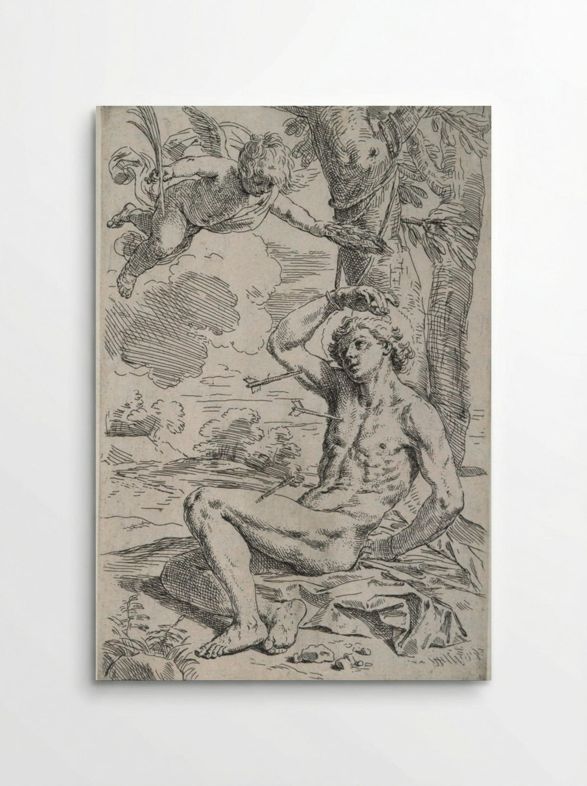 Saint Sebastian, pierced by arrows and tied to a tree, greeted by a cherub - Simone Cantarini - Poster