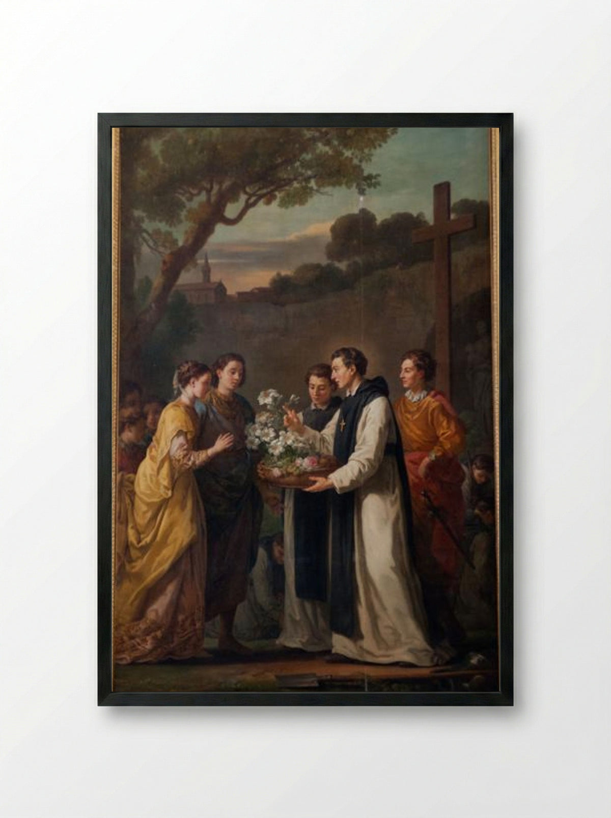 Saint Theobald offering an eleven branched lilium to Saint Louis and Marguerite of Provence - Joseph-Marie Vien - Framed Print Black