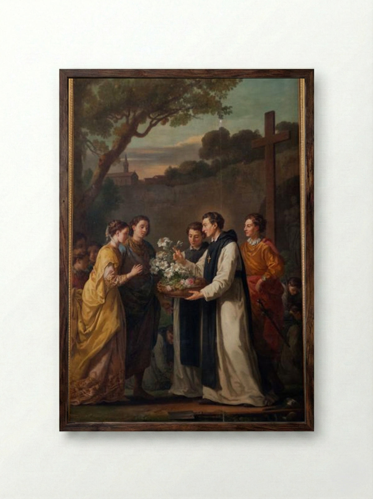 Saint Theobald offering an eleven branched lilium to Saint Louis and Marguerite of Provence - Joseph-Marie Vien - Framed Print Dark Wood