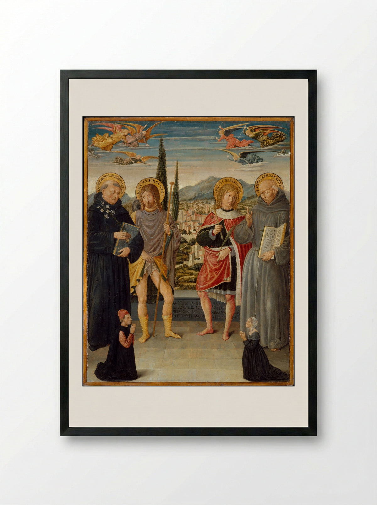 Saints Nicholas of Tolentino, Roch, Sebastian, and Bernardino of Siena, with Kneeling Donors - Benozzo Gozzoli - Framed Print Black