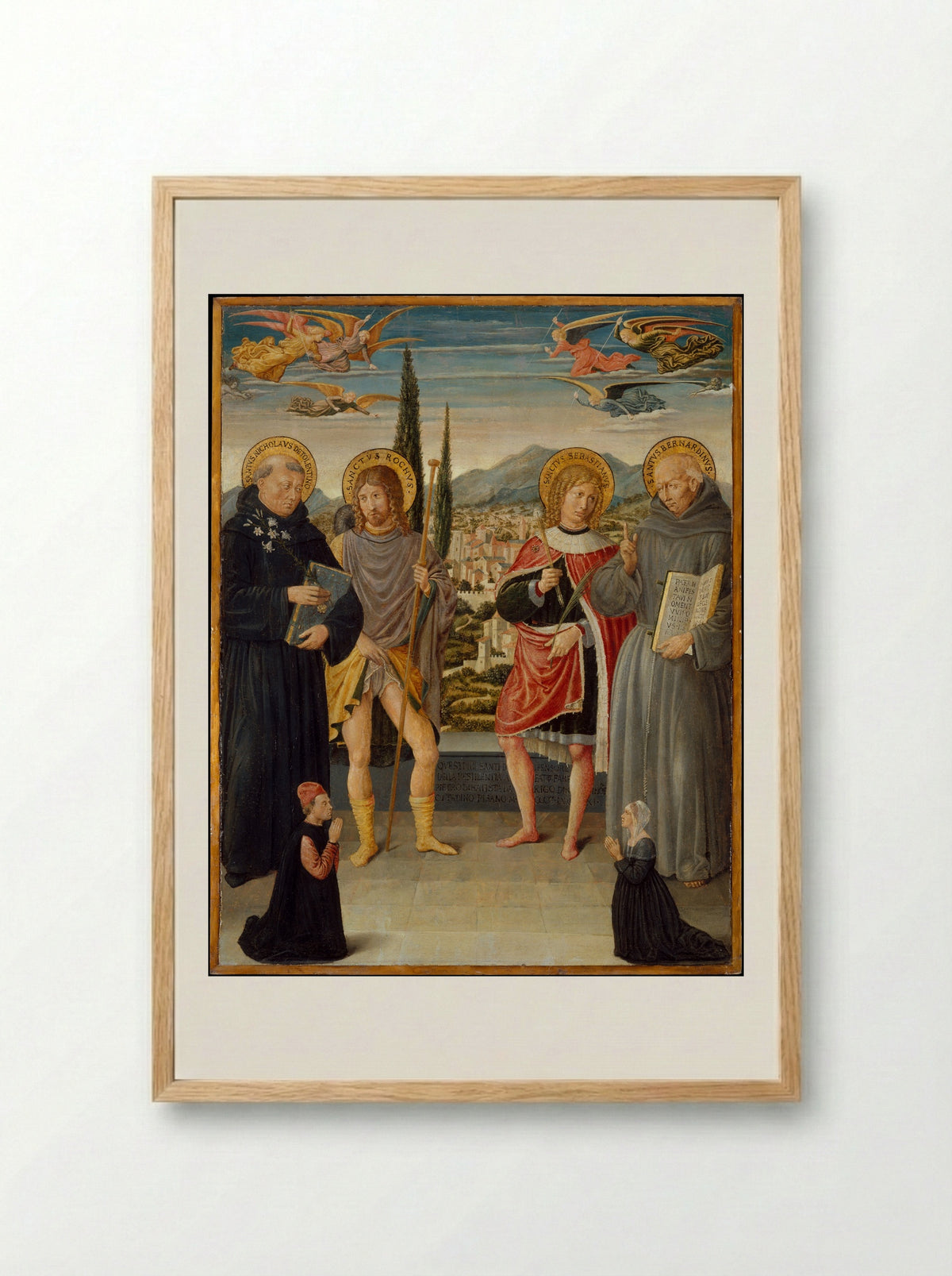 Saints Nicholas of Tolentino, Roch, Sebastian, and Bernardino of Siena, with Kneeling Donors - Benozzo Gozzoli - Framed Print Wood