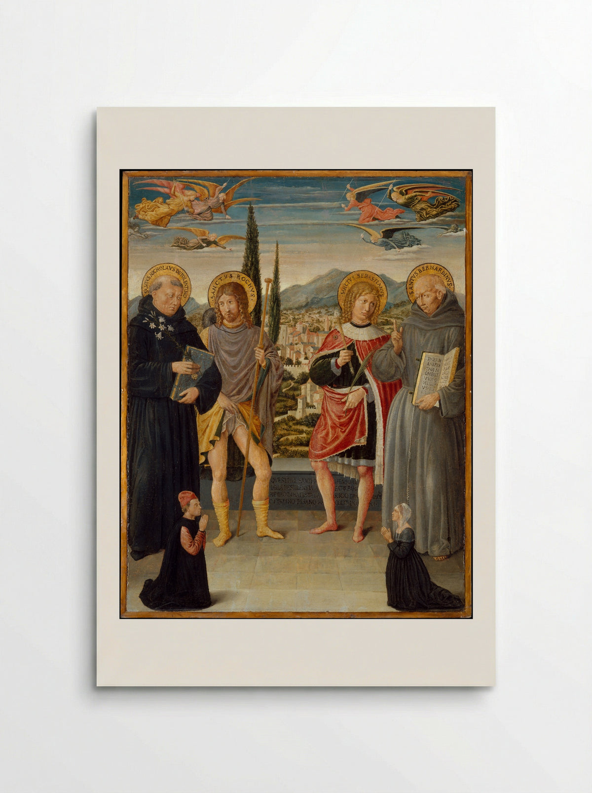 Saints Nicholas of Tolentino, Roch, Sebastian, and Bernardino of Siena, with Kneeling Donors - Benozzo Gozzoli - Poster