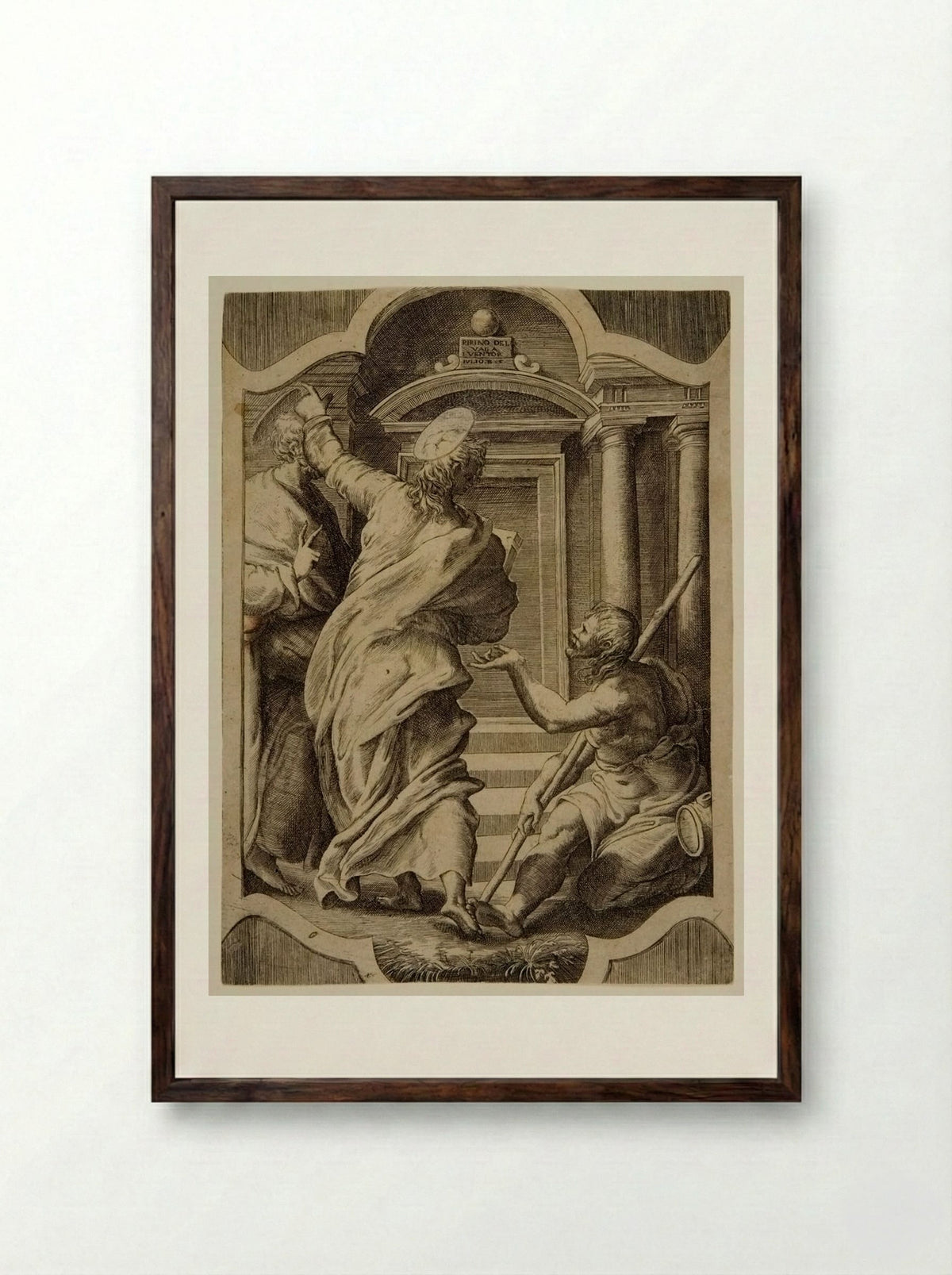 Saints Peter and John Healing the Cripple - Giulio Bonasone - Framed Print Dark Wood