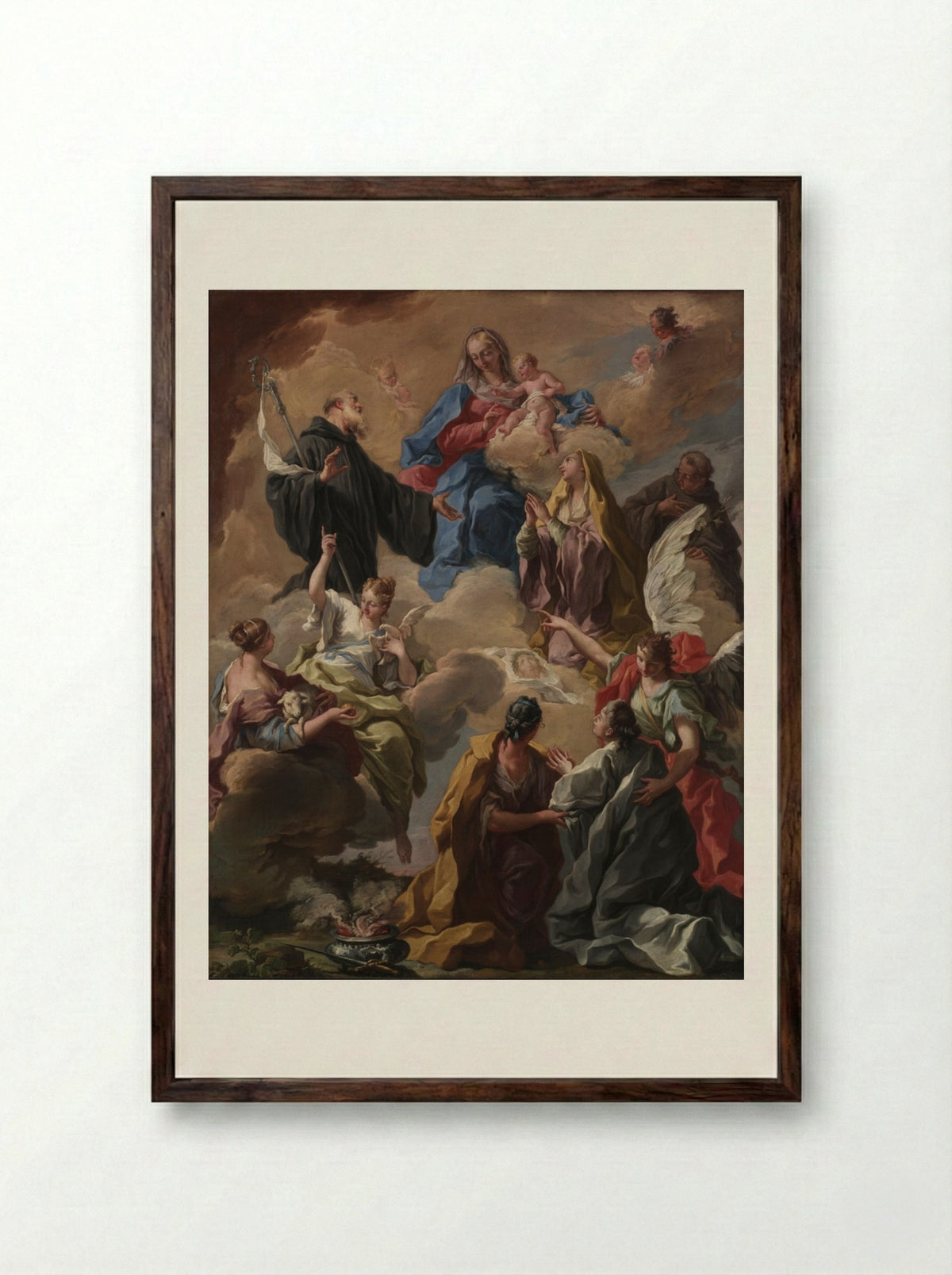 Saints Presenting a Devout Woman to the Virgin and Child - Giovanni Battista Pittoni - Framed Print Dark Wood