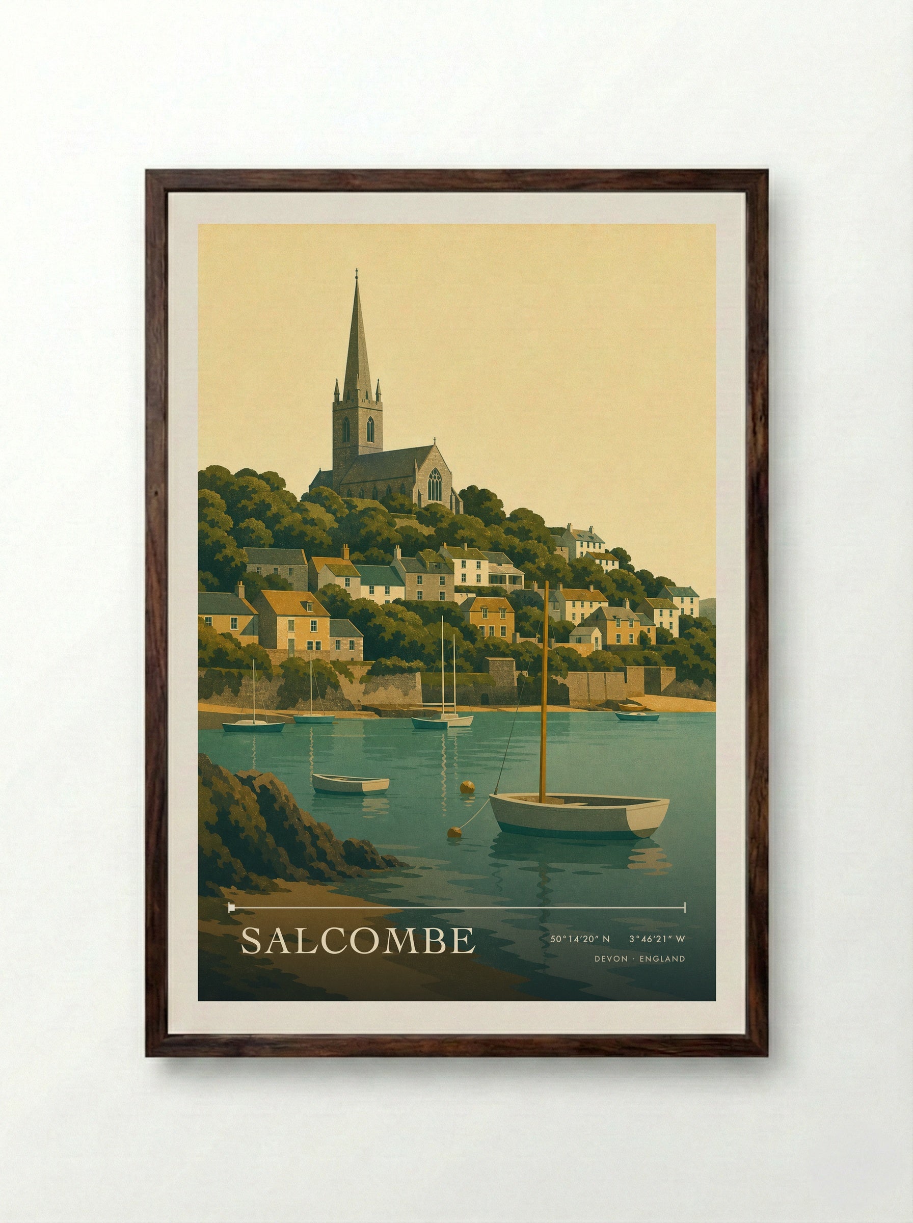 Salcombe Devon England Travel Poster - Framed Print Dark Wood