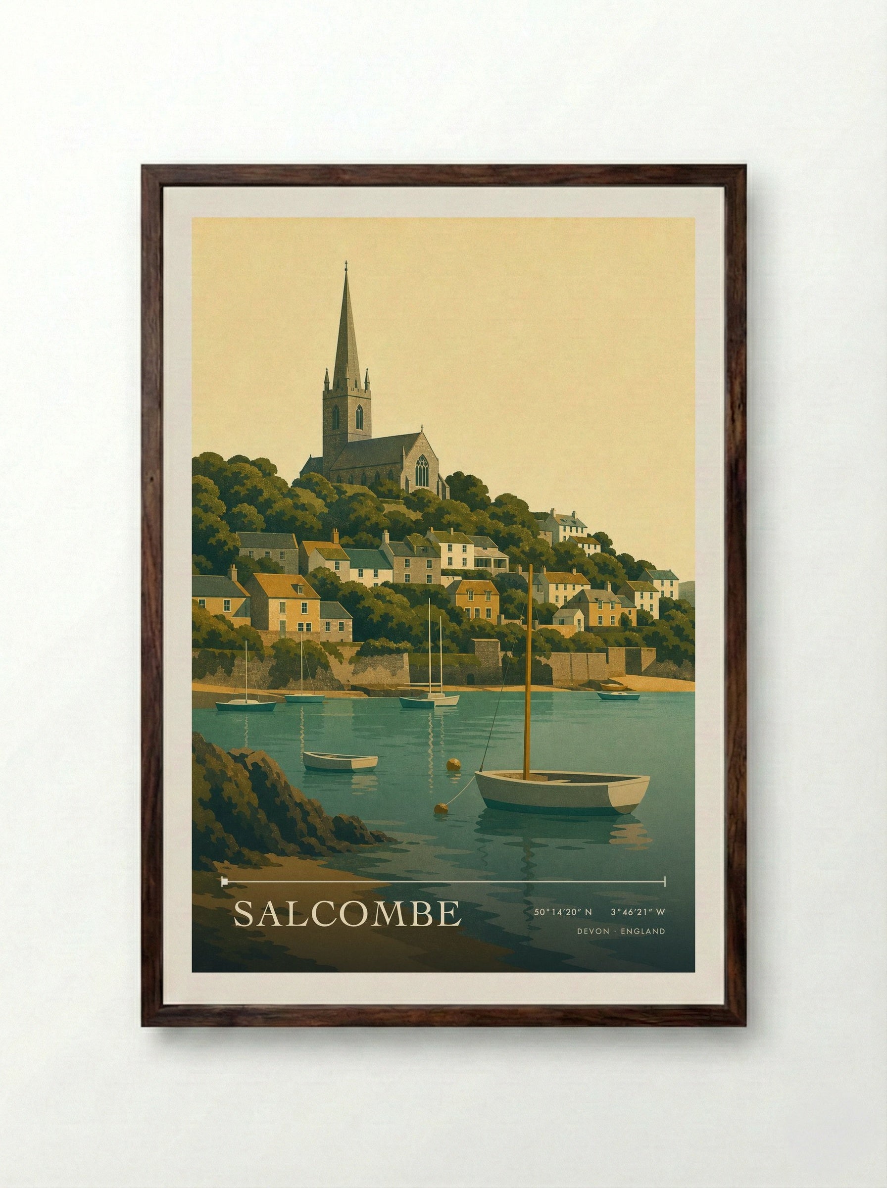 Salcombe Devon England Travel Poster - Framed Print Dark Wood
