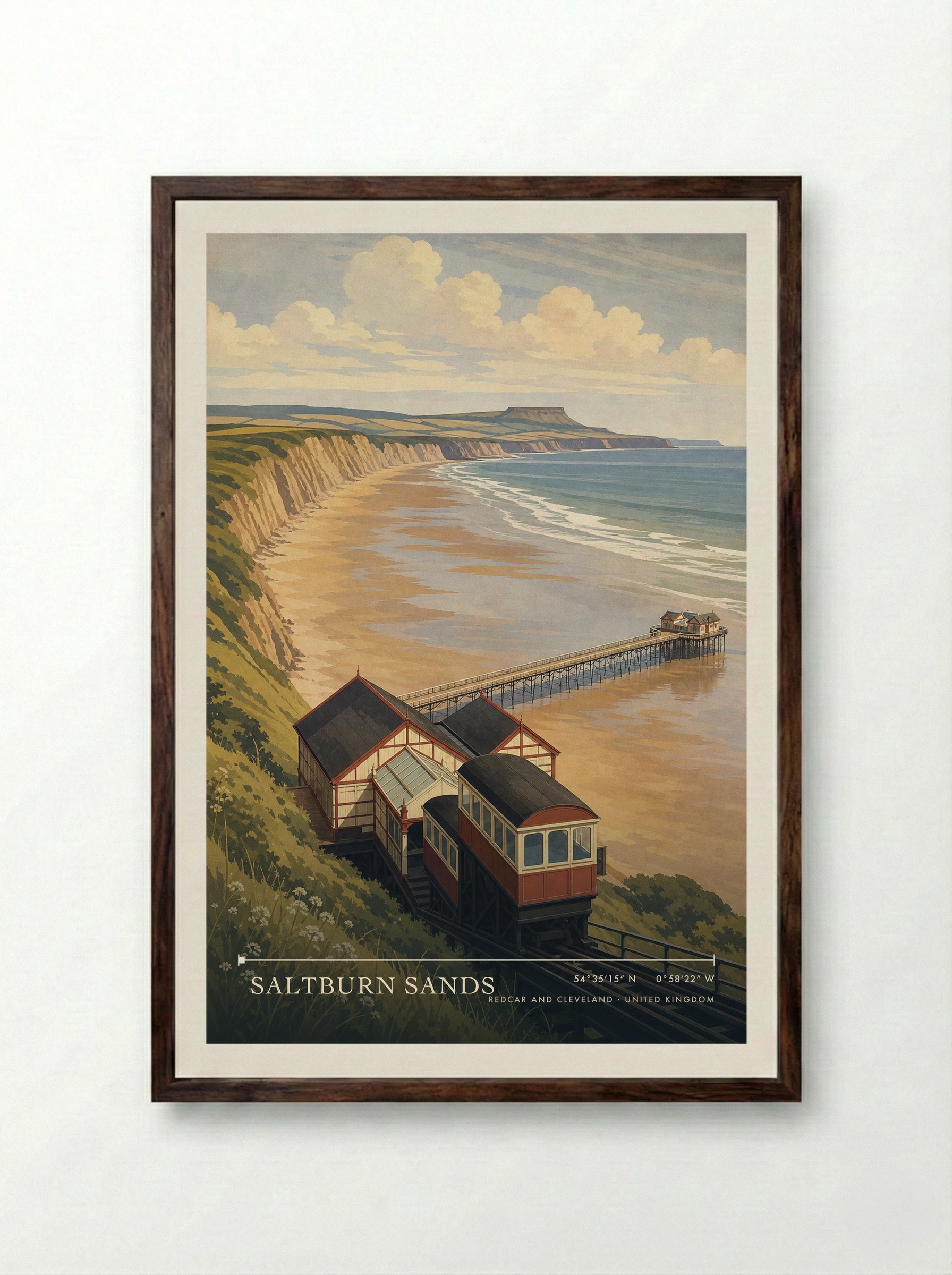 Saltburn Sands Redcar and Cleveland United Kingdom Travel Poster - Framed Print Dark Wood
