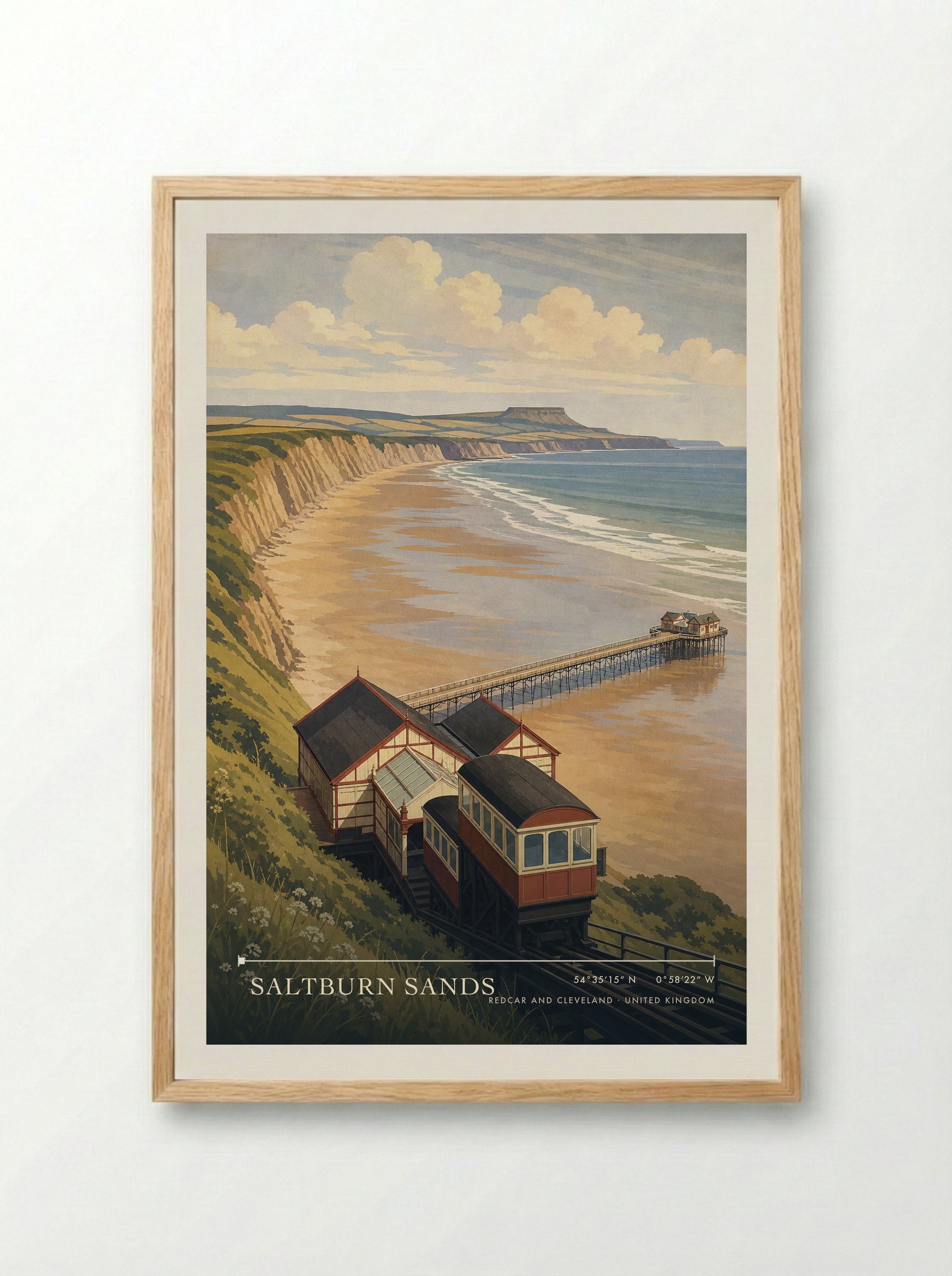 Saltburn Sands Redcar and Cleveland United Kingdom Travel Poster - Framed Print Wood
