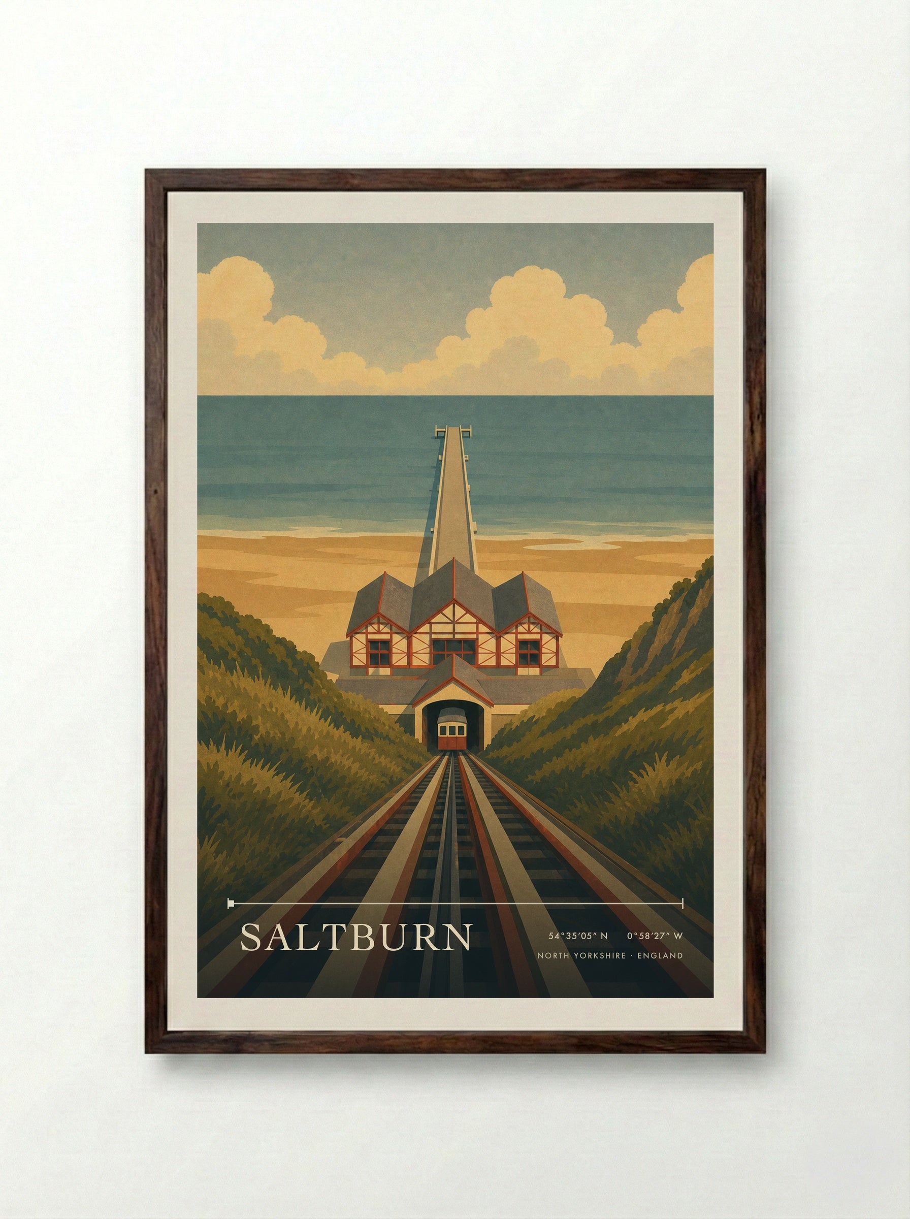 Saltburn Yorkshire Travel Poster - Framed Print Dark Wood