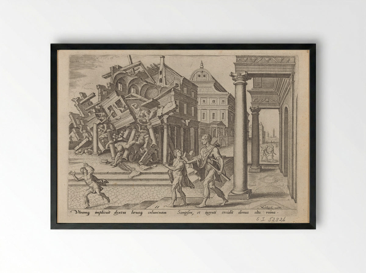 Samson Let Out of Prison and Destroying the Temple of the Philistines - Philips Galle - Framed Print Black