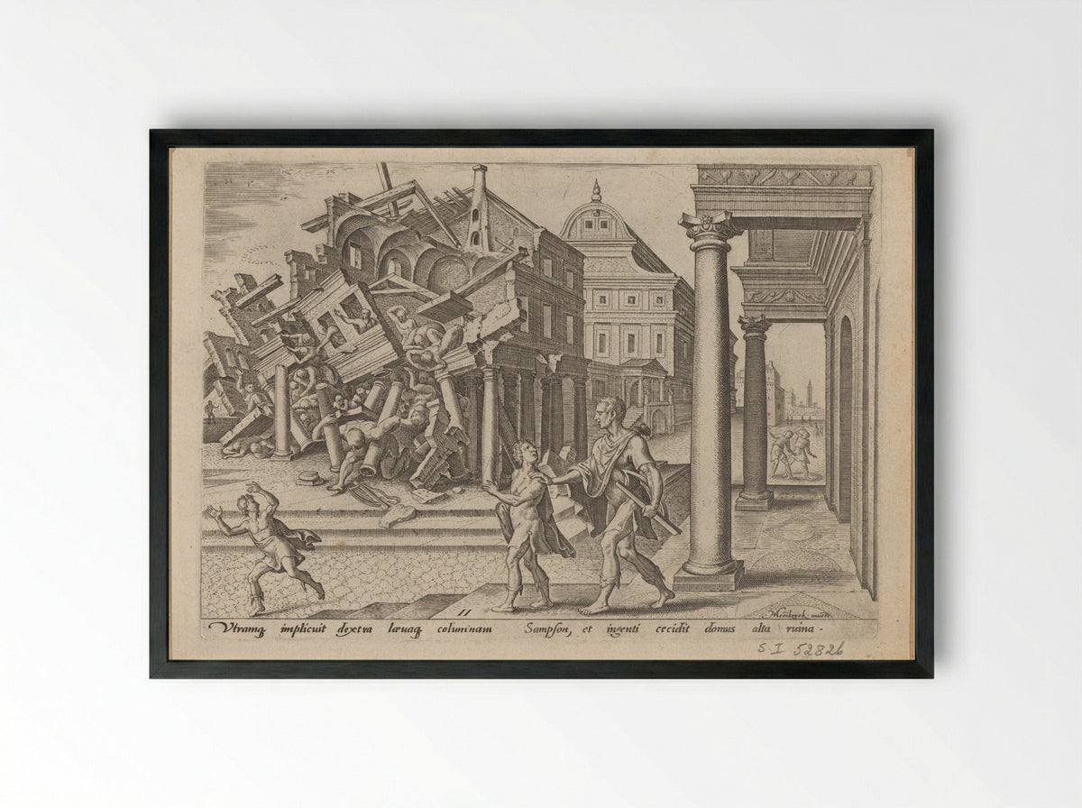 Samson Let Out of Prison and Destroying the Temple of the Philistines - Philips Galle - Framed Print Black