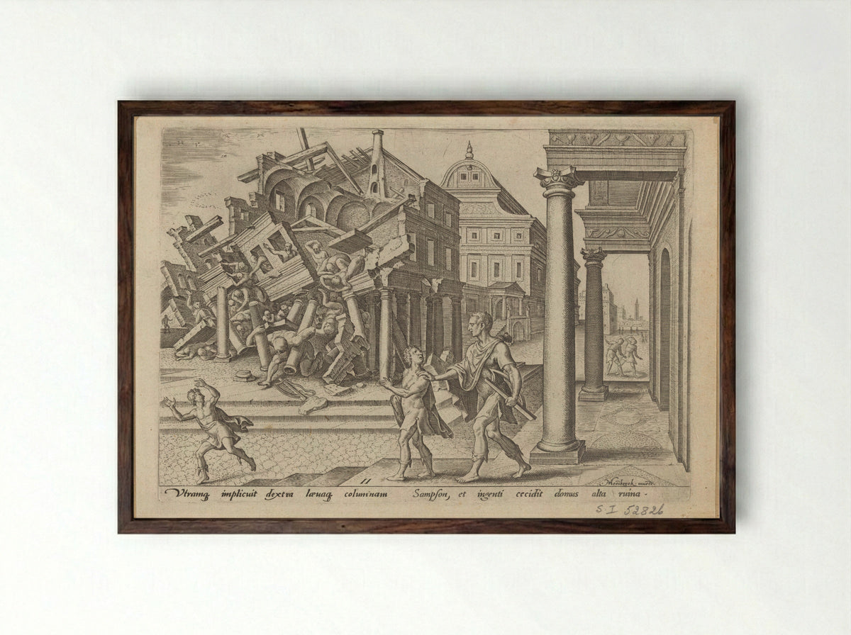 Samson Let Out of Prison and Destroying the Temple of the Philistines - Philips Galle - Framed Print Dark Wood
