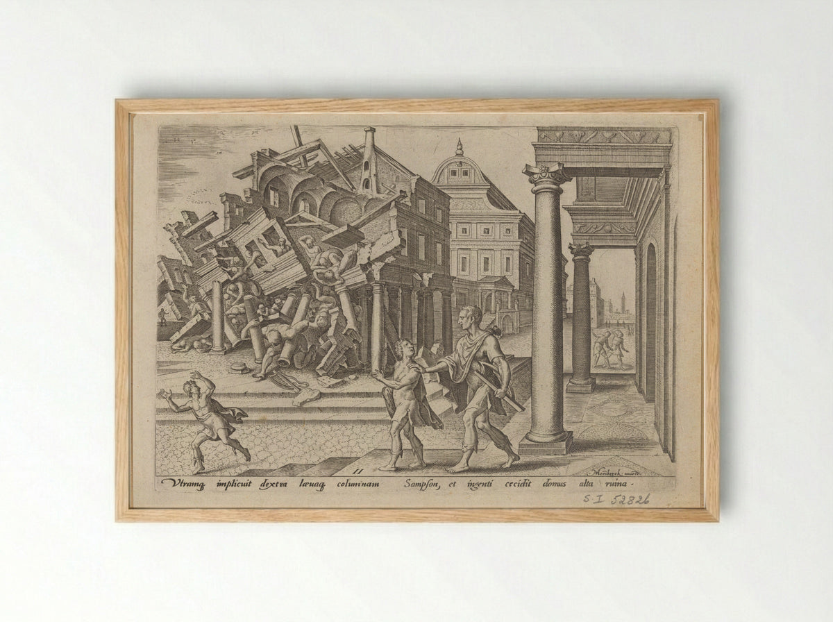 Samson Let Out of Prison and Destroying the Temple of the Philistines - Philips Galle - Framed Print Wood
