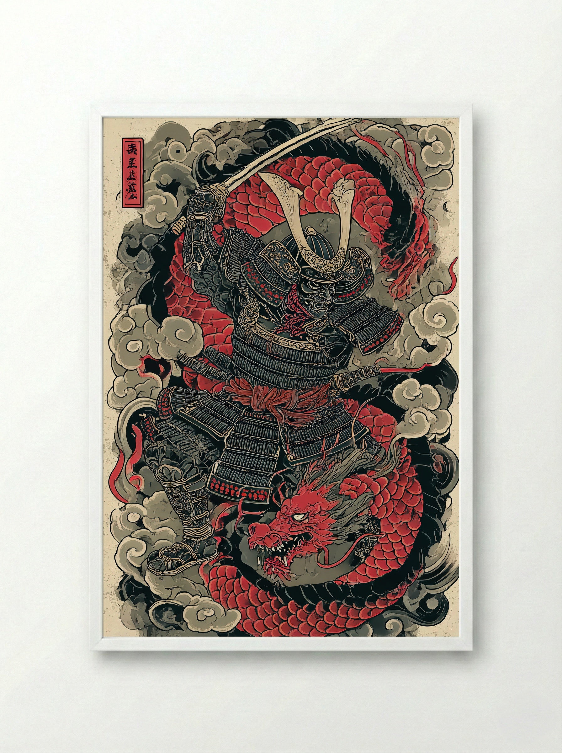 Samurai and Dragon - Japanese Warrior Art Print - Framed Print White