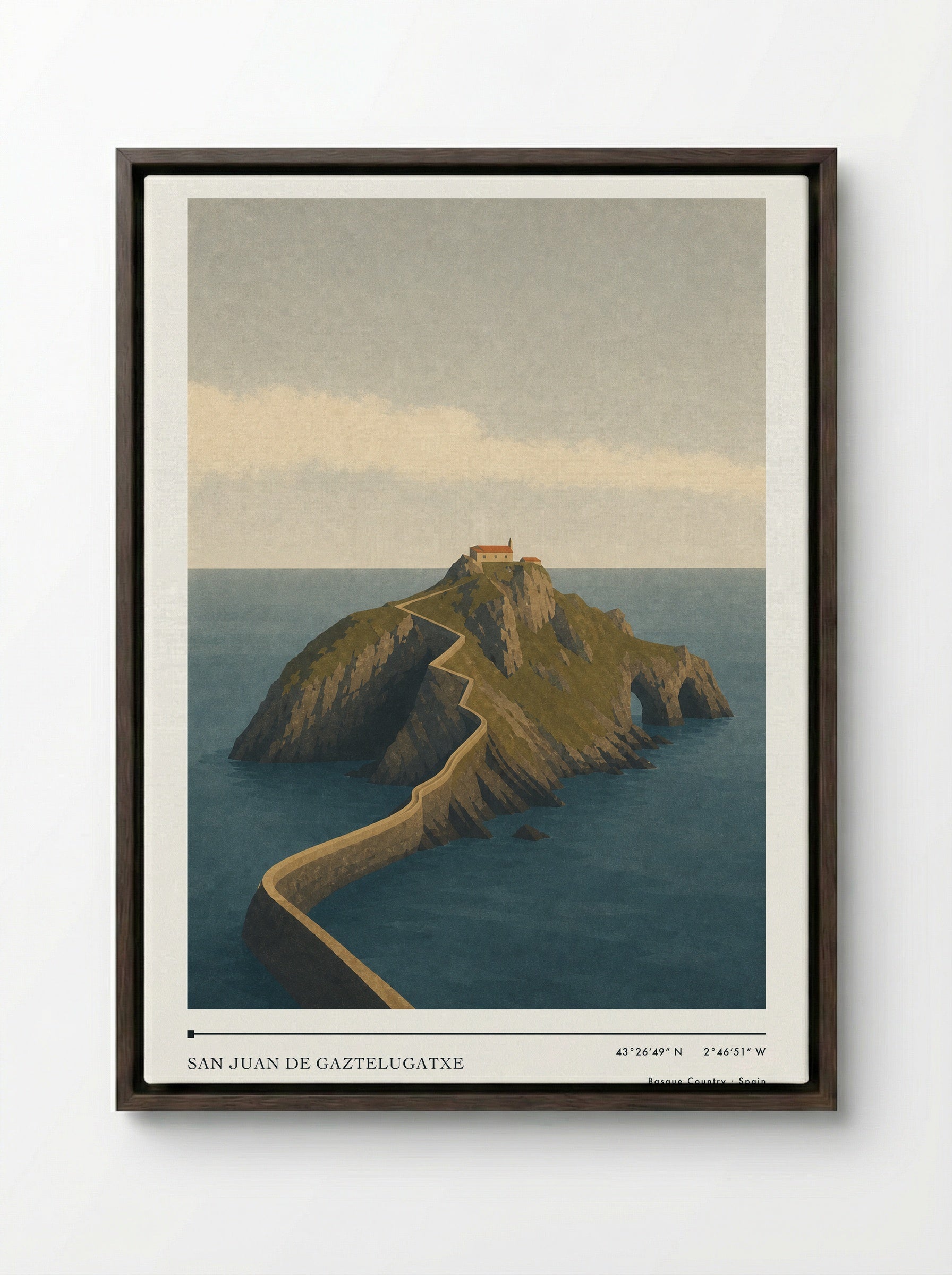 San Juan de Gaztelugatxe Travel Poster Artwork - Framed Canvas Dark Wood