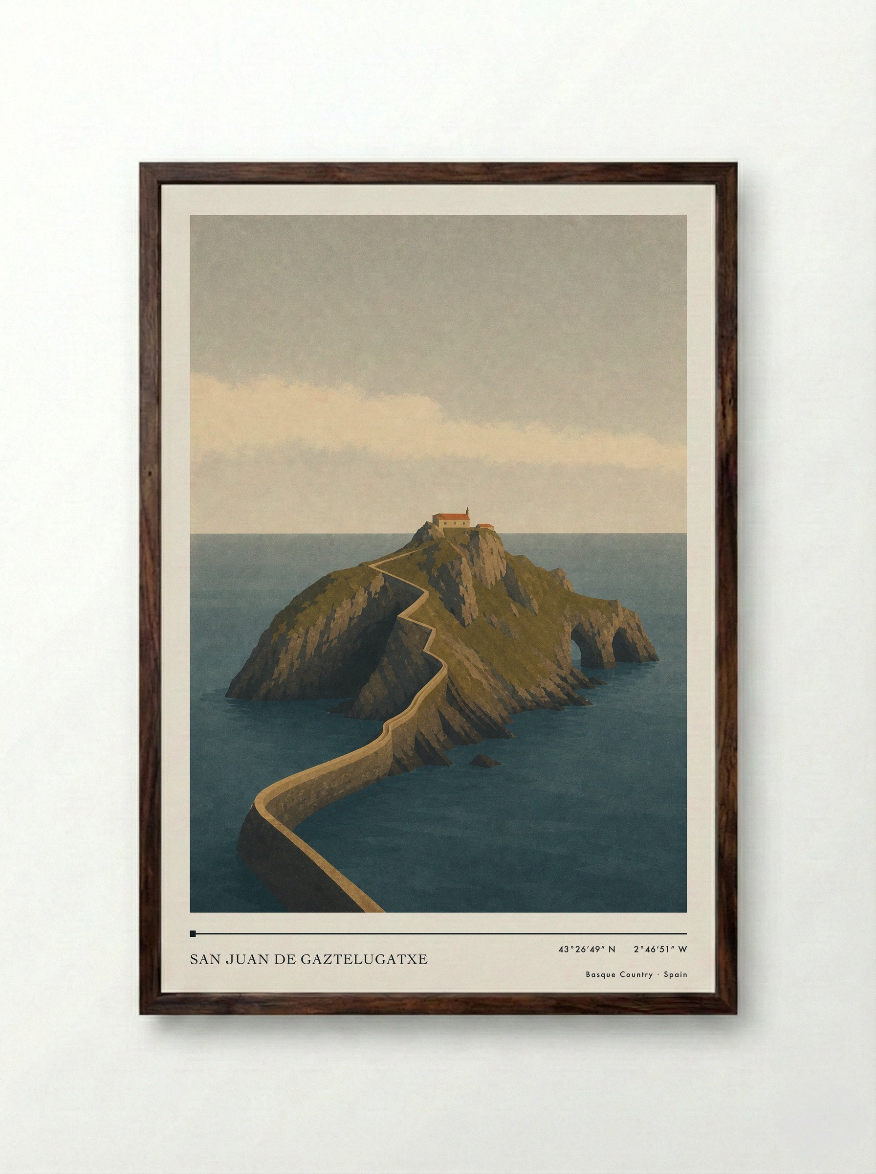 San Juan de Gaztelugatxe Travel Poster Artwork - Framed Print Dark Wood